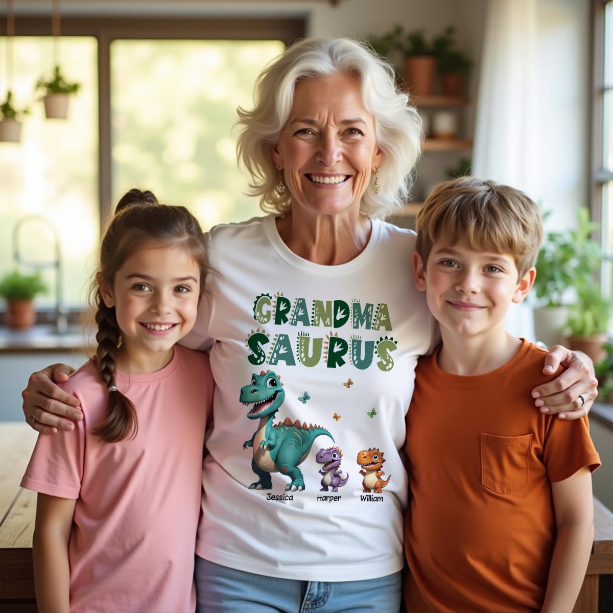 3D Effect Cute Dinosaurs Grandmasaurus Mamasaurus Personalized Shirt| Appreciation Gift, Birthday Gift For Mom, Grandma — White