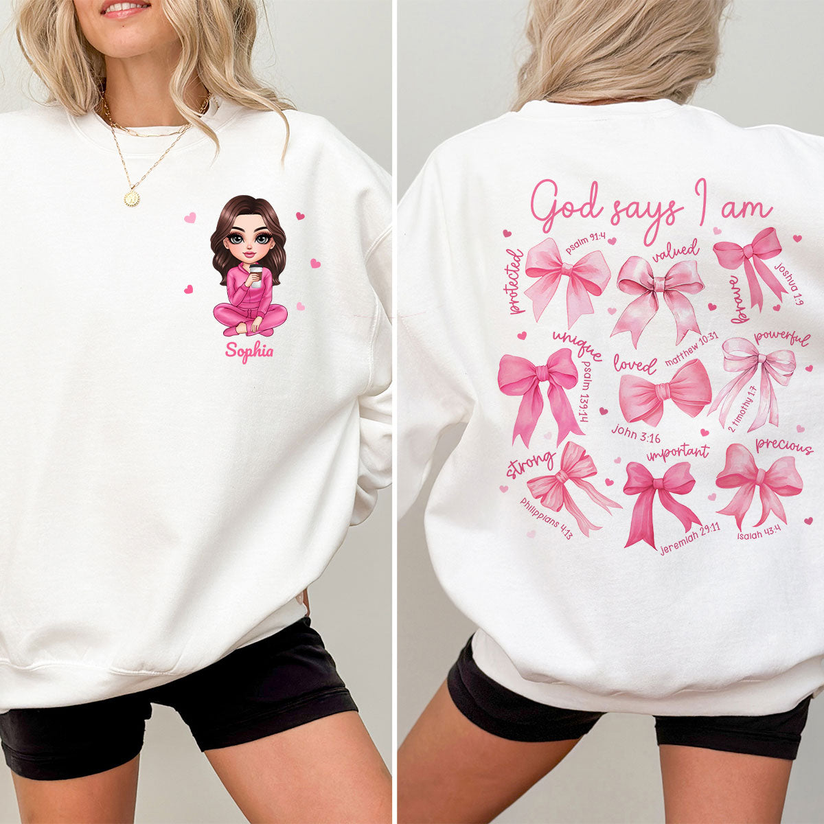 Dios Dice Que Yo Soy Tú Eres Lazo Coqueta Sudadera Personalizada De Dos Caras, Regalo De Cumpleaños Para Ella, Para Mejor Amiga — Blanco