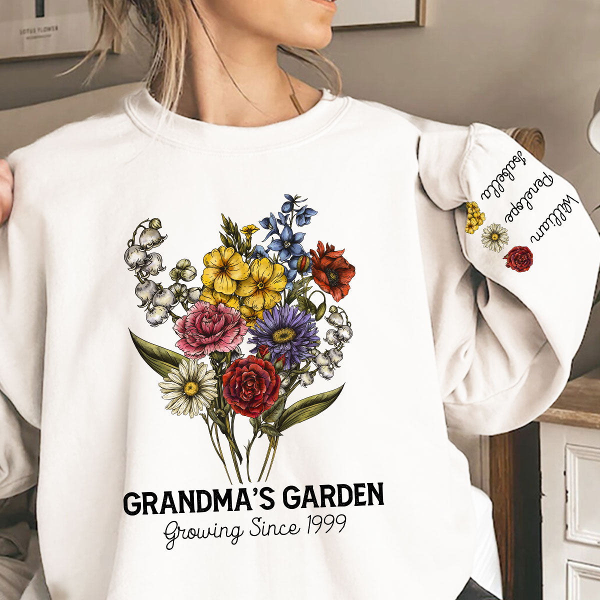 Grandma's Garden Beautiful Vintage Birth Month Flowers Bouquet Personalized Sleeve Printed Sweatshirt — White
