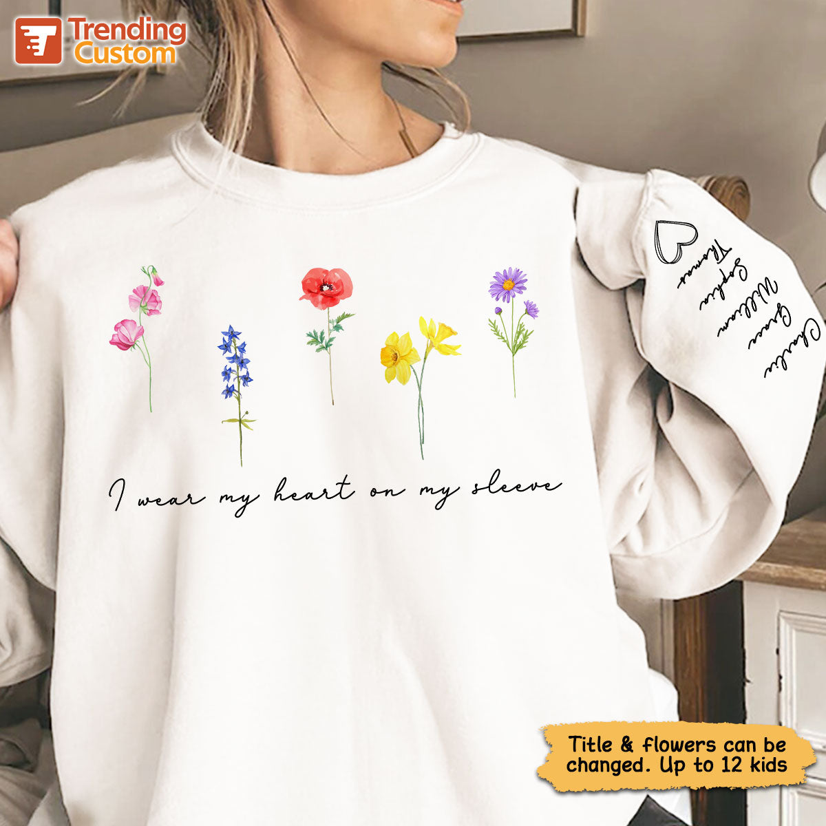 Watercolor Birth Month Flowers Personalized Sleeve Printed Sweatshirt, Gift For Mom Granma Aunt — White