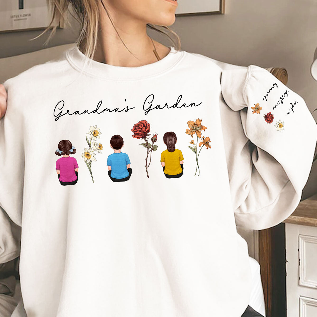 Jardín de la Abuela Vista Trasera Niño Sentado Flor del Mes de Nacimiento Sudadera Personalizada Impresa en la Manga — Blanco