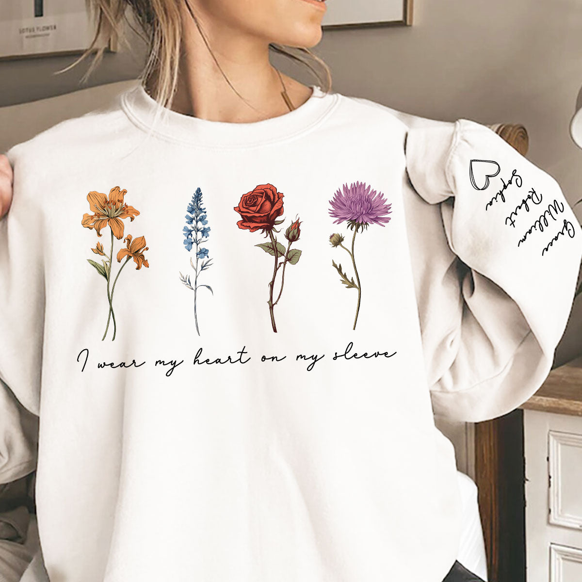 Vintage Birth Month Flowers Personalized Sleeve Printed Sweatshirt, Gift For Mom Granma Aunt — White