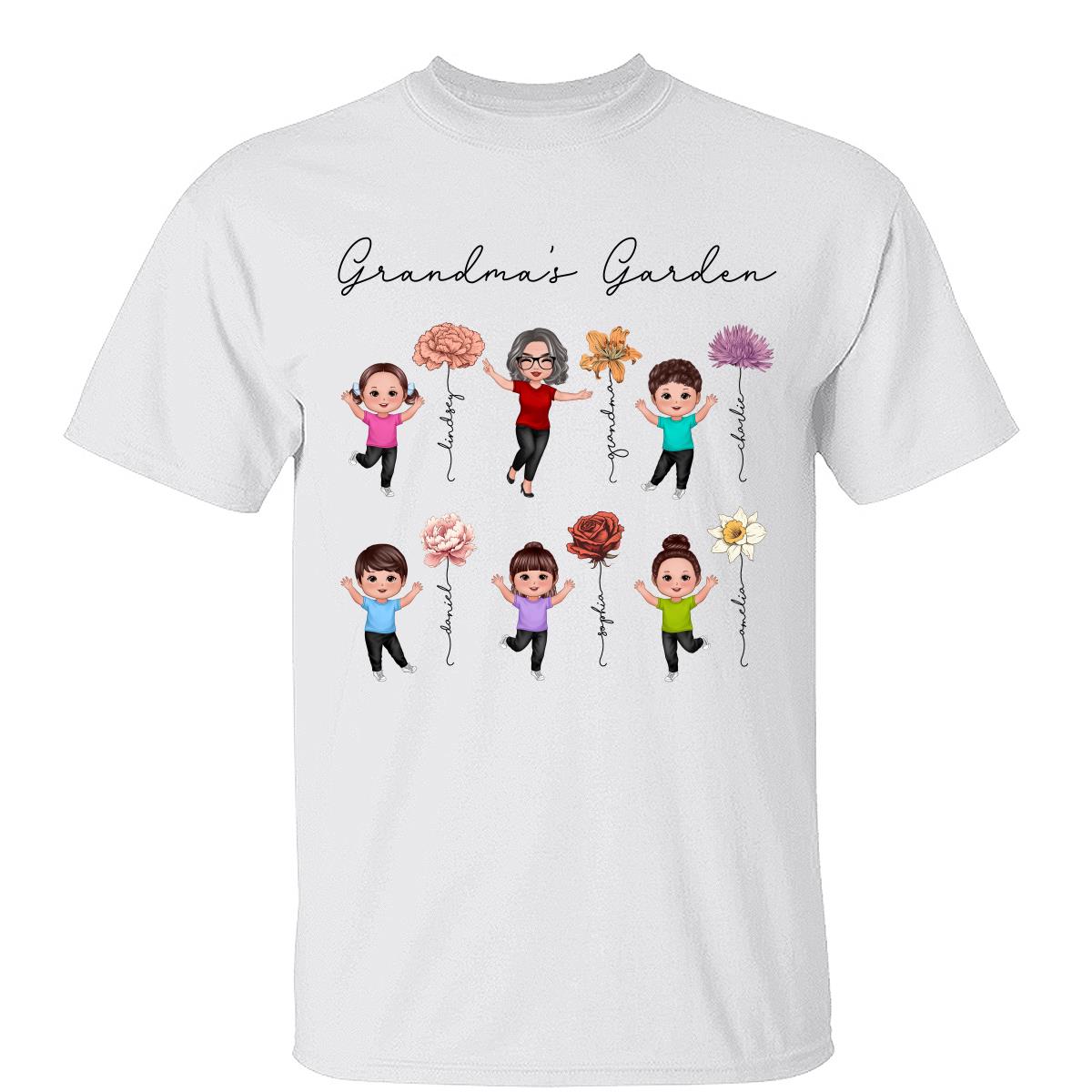 Happy Grandkids Grandma Garden Vintage Birth Month Flowers Mother's Day Gift Personalized Shirt — White