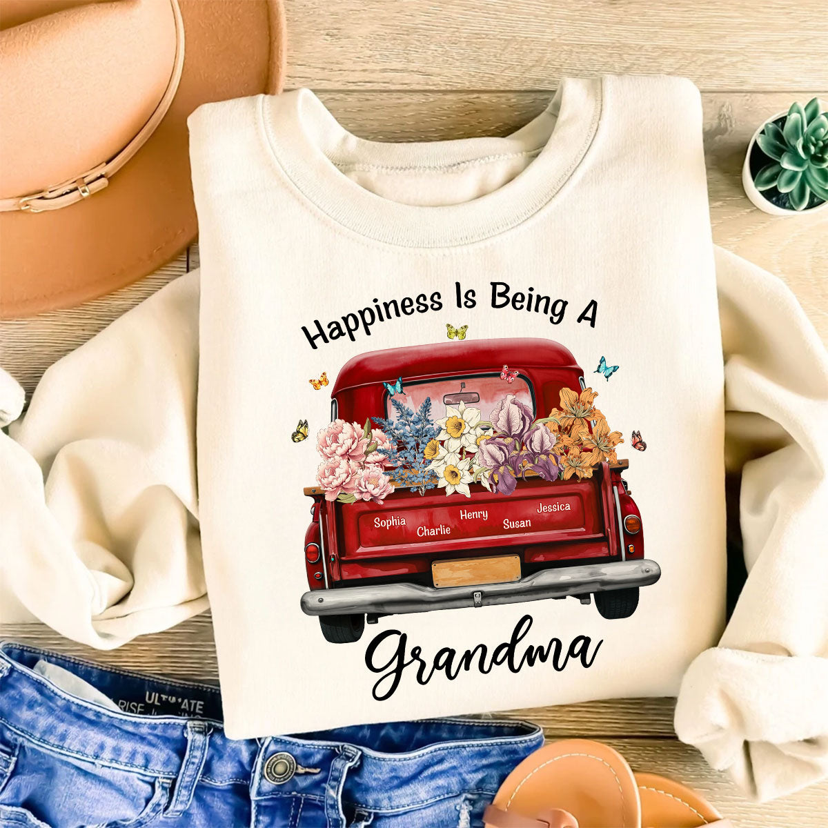 Glück ist, Oma zu sein Mama Geburtsmonatsblumen Truck Personalisiertes Shirt, Muttertagsgeschenk für Mamas, Omas — Weiß