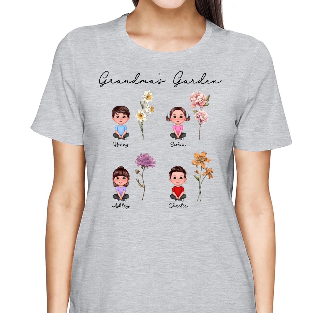 Camiseta Personalizada Nietos Sentados con las Piernas Cruzadas Jardín de Abuela Vintage Flores del Mes de Nacimiento — Gris Deportivo