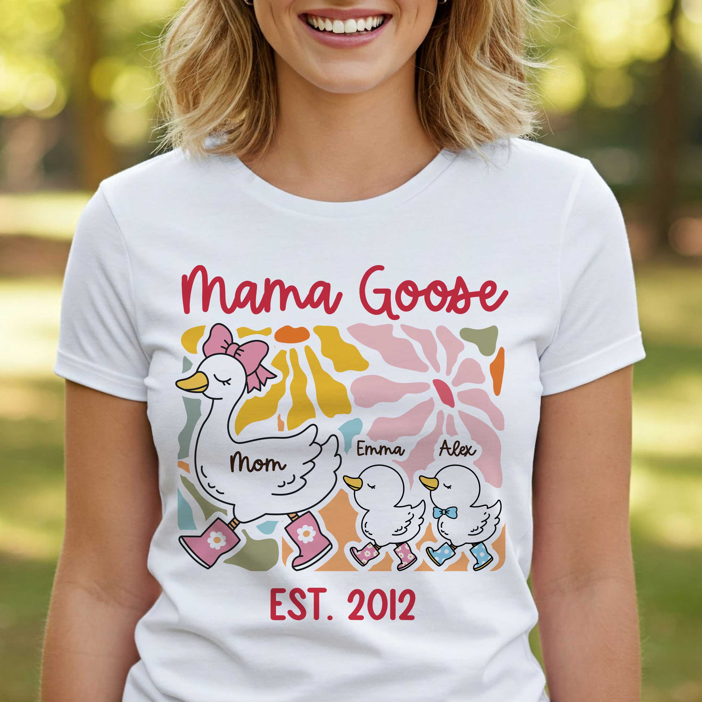 Mama Goose Grandma Goose & Kids Colorful Floral Personalized Shirt — White
