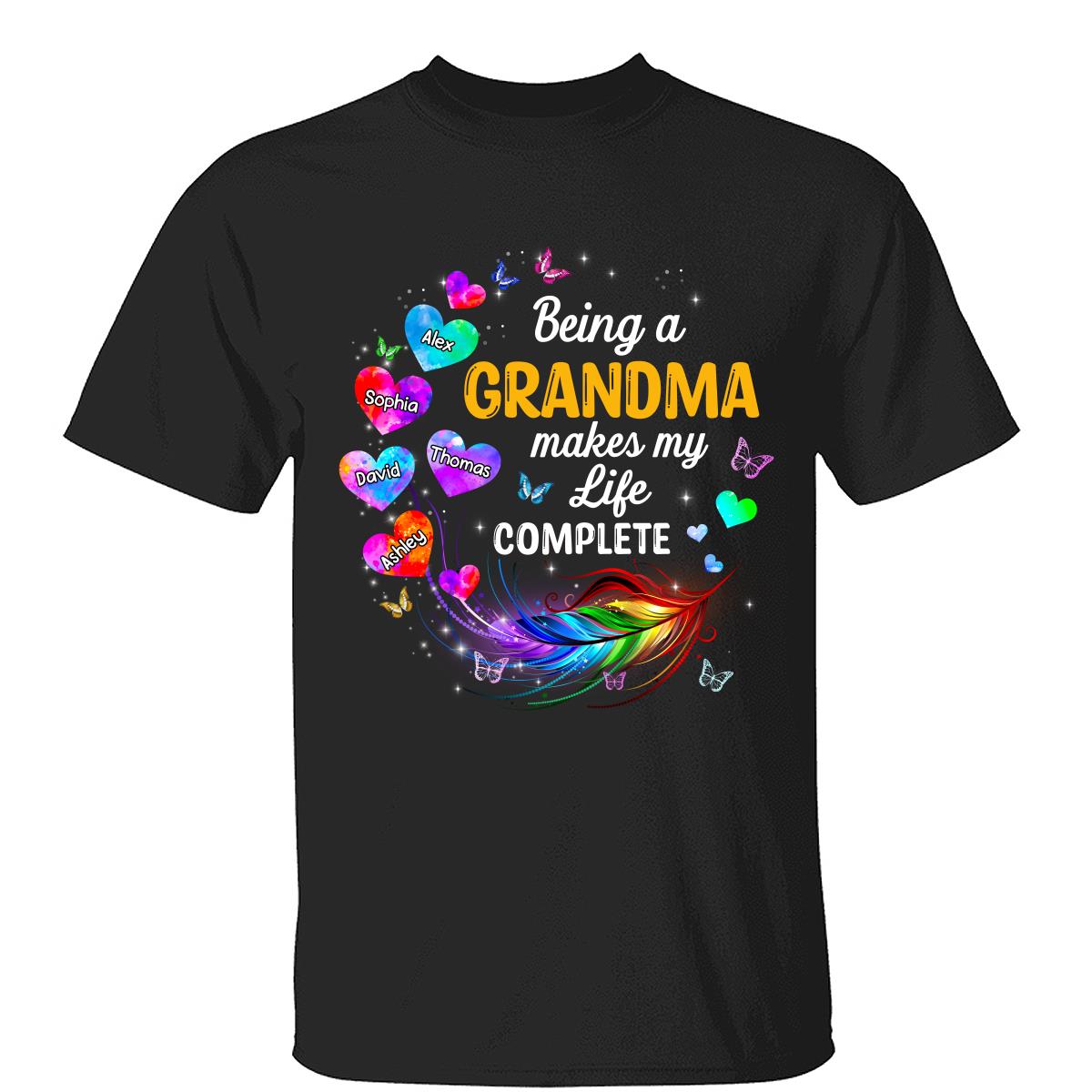 Colorful Feather Hearts Grandma Mom Personalized Shirt — Black