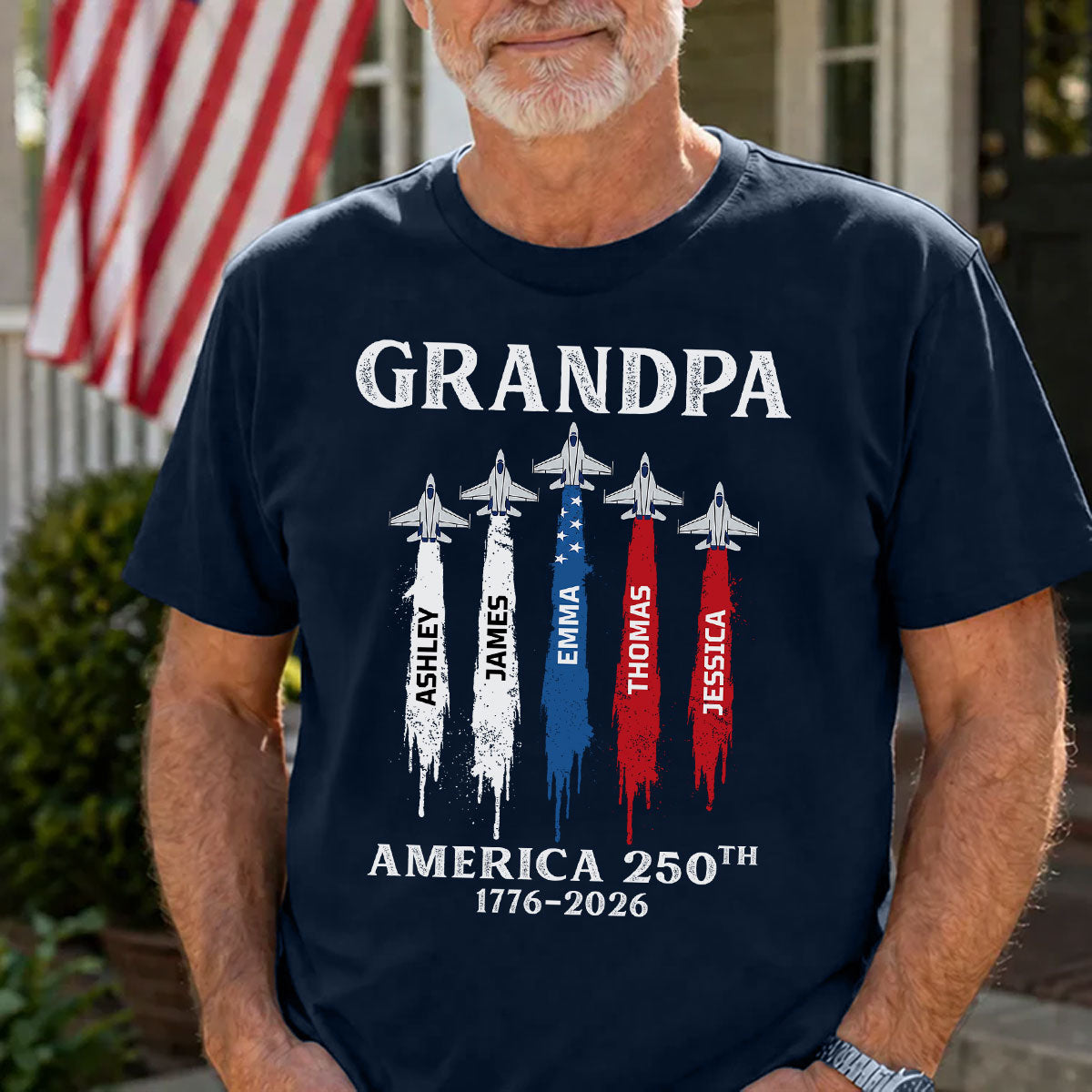 Grandpa Dad Patriotic Jet Fighter Custom Kids Names - Personalized Shirt - Father's Day Gift, America 250th Anniversary, 1776 - 2026 — Light Blue