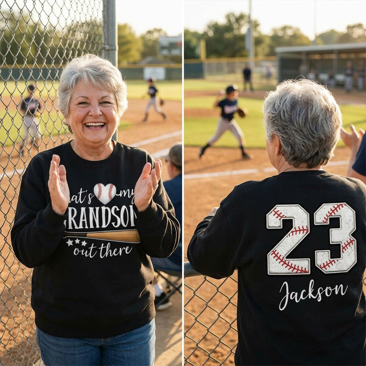 That's My Grandson Out There - Personalized Double Sided Sweatshirt - Baseball Softball Grandma Mom — Black