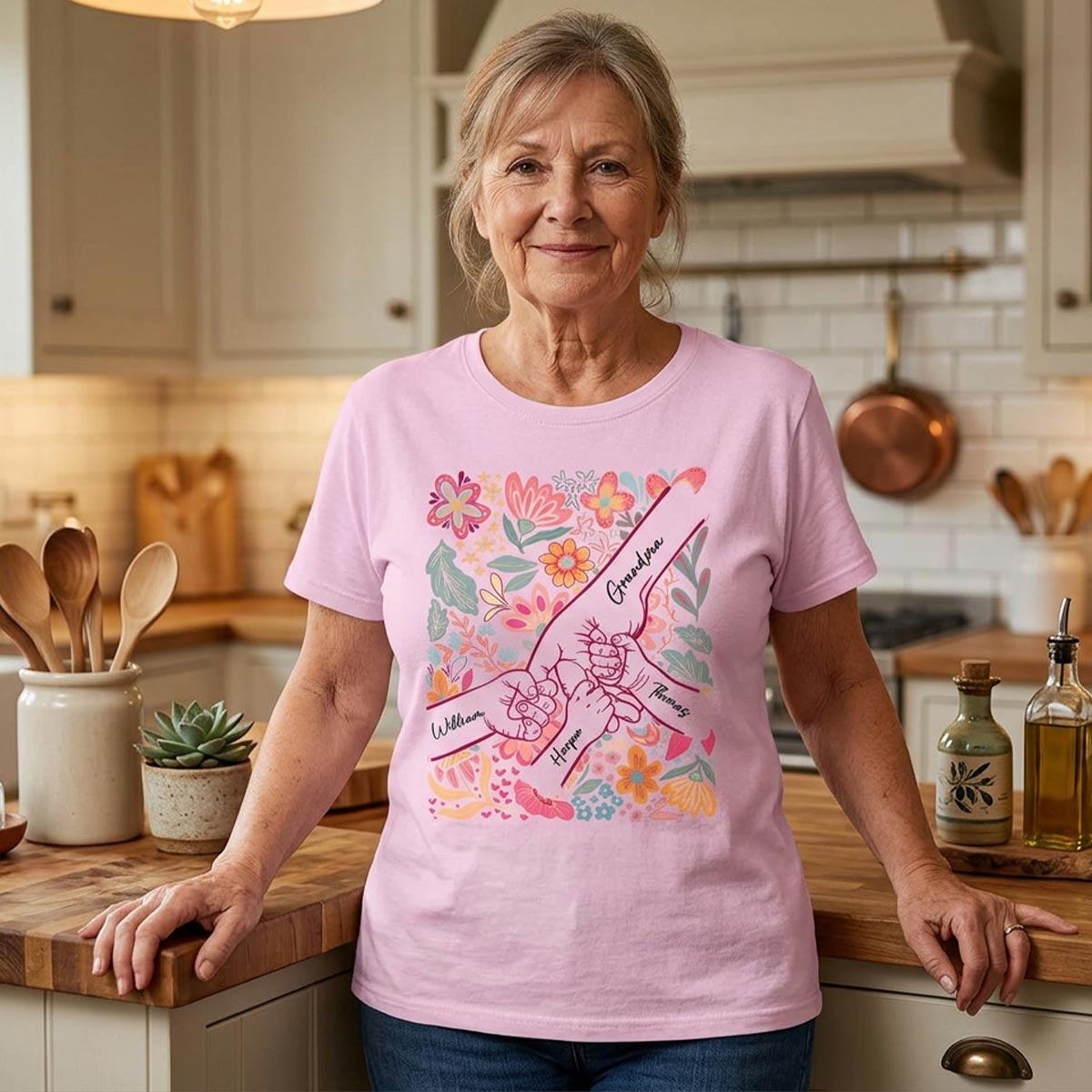 Kids Holding Hand Floral Boho - Personalized Shirt - Mother's Day Gift For Mom Grandma — Light Pink