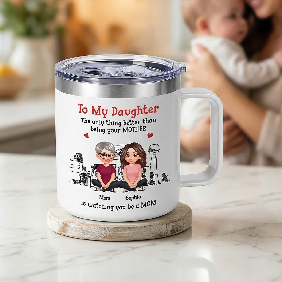 To My Daughter From Mom Dad - Personalized Tumbler With Handle - Heartfelt Mother's Day Gift For Daughter — Light Pink