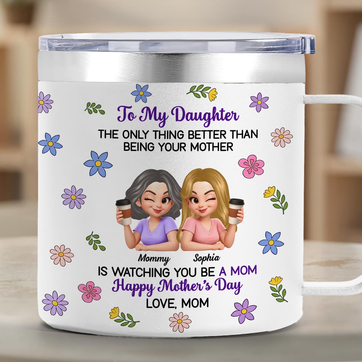 Para Mi Hija Floral 2D Plano - Taza Personalizada Con Asa - Regalo Conmovedor Del Día De La Madre Para Hija — Blanco