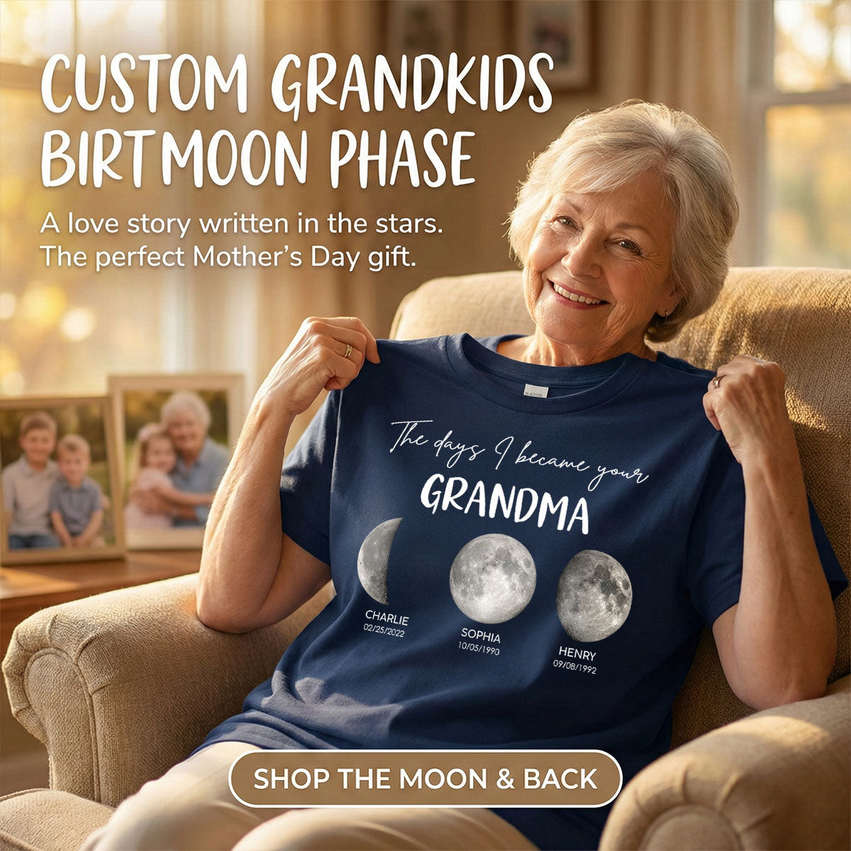 Die Tage, an denen ich Oma wurde Individuelle Geburts-Mondphasen der Enkelkinder - Personalisiertes Shirt - Muttertagsgeschenk für Oma — Schwarz