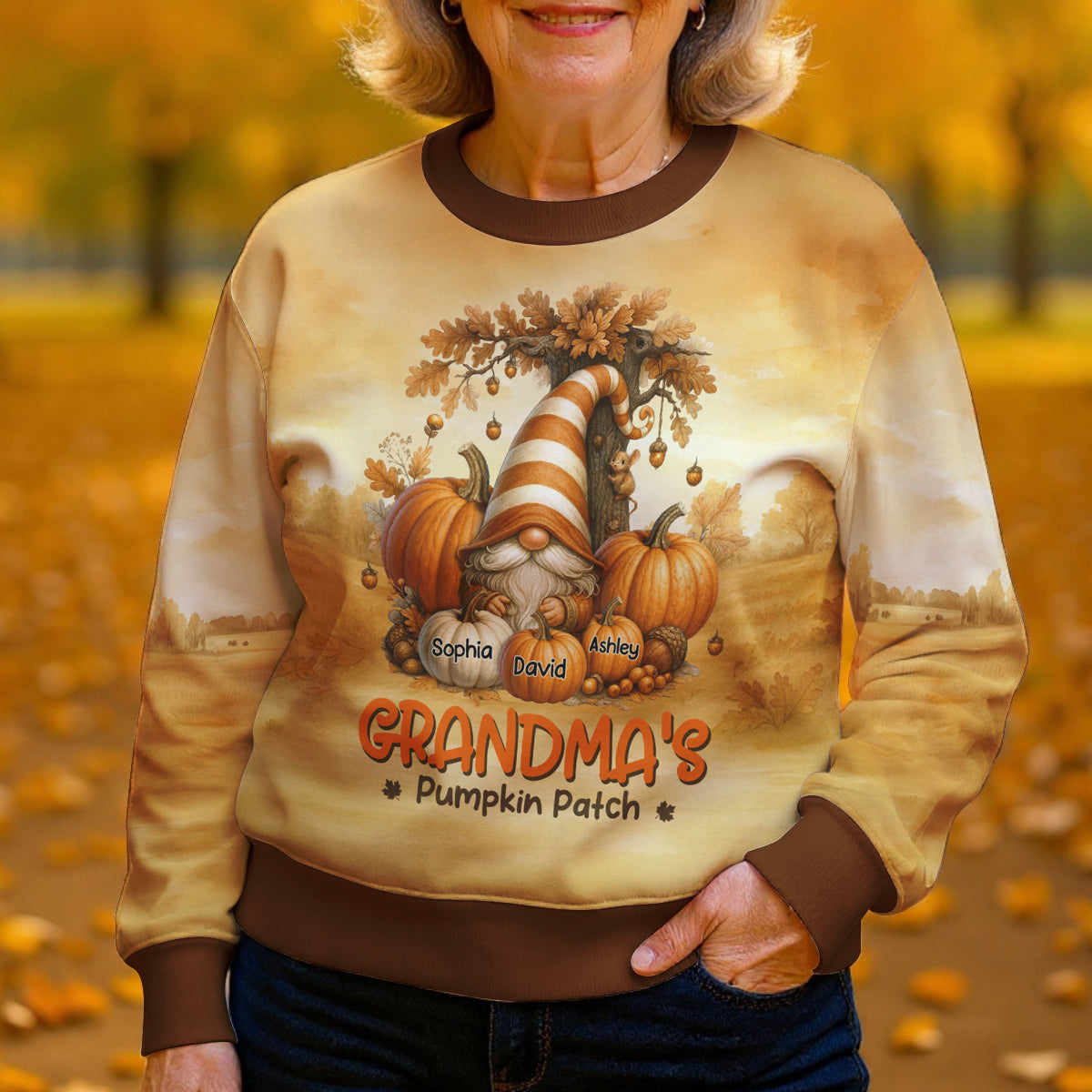 Gnome Grandma's Pumpkin 3D Personalized Fall Sweatshirt, Cozy Fall Sweatshirt for Grandma — Sand