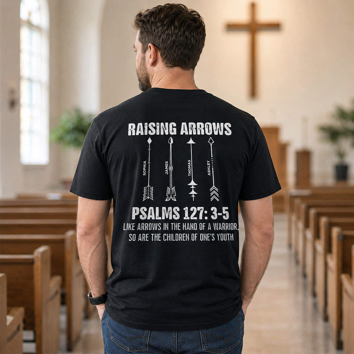 Raising Arrows Noms d'enfants personnalisés - T-shirt personnalisé - Cadeau Fête des Pères pour papa chrétien — Blanc