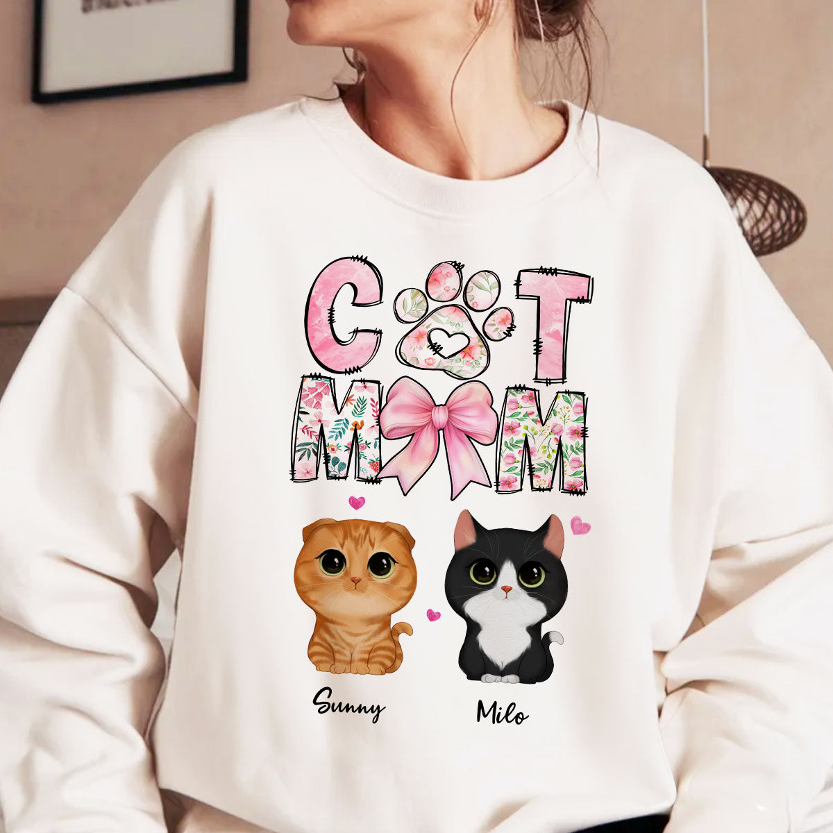 Cat Mom Pink Coquette Personalized Shirt, Watercolor Cute Cat, Gift for Cat Moms — White