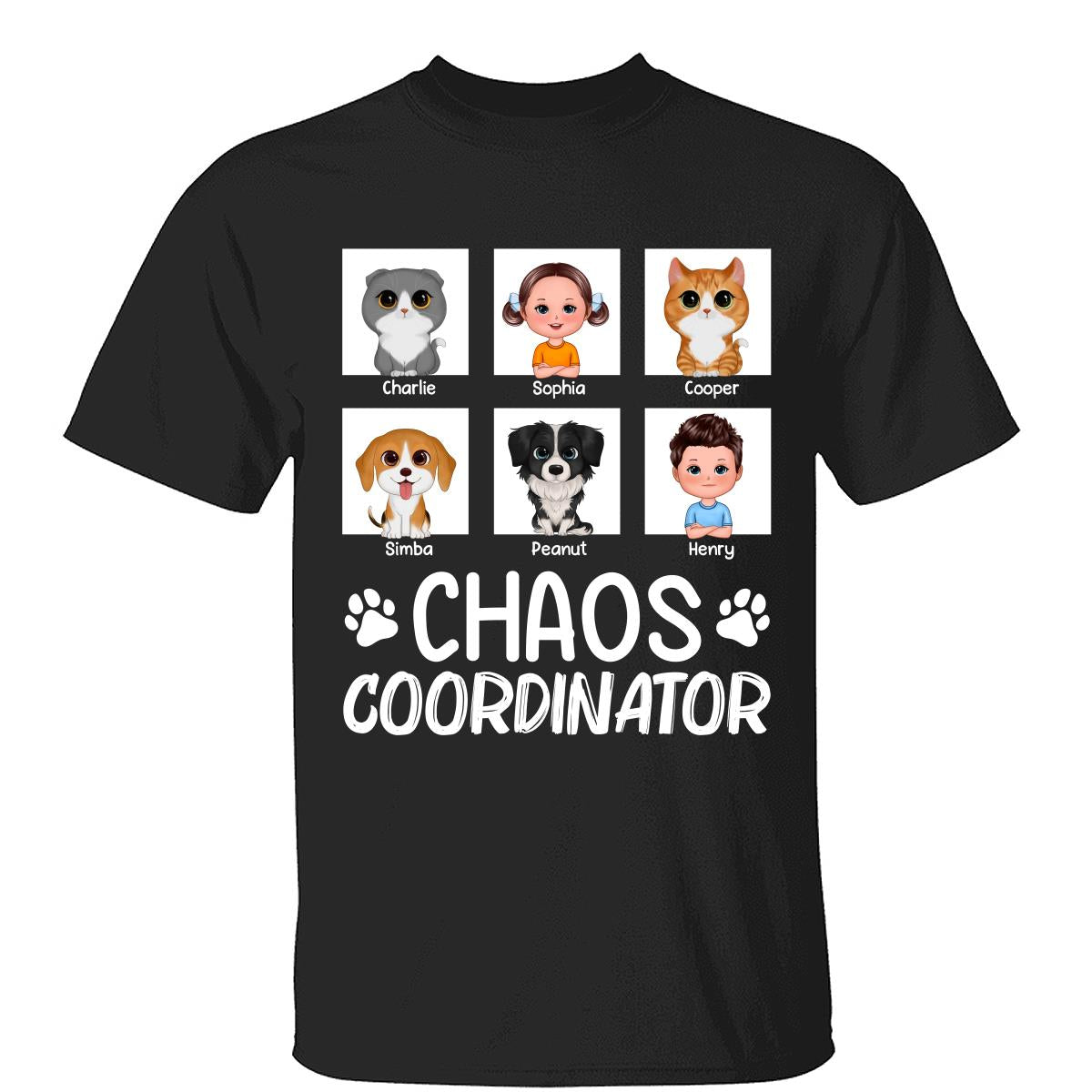 Chaos Coordinator Kids Dogs Cats Personalized Shirt — Black