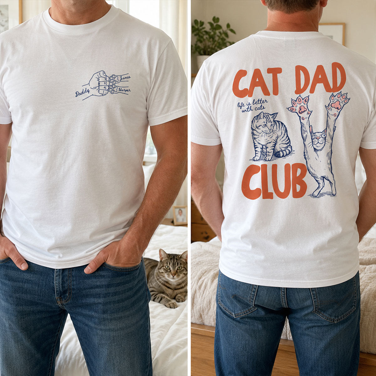 Cat Dad Club Trending Orange Blue Theme - Personalized Shirt - Father's Day Gift For Cat Dad — White