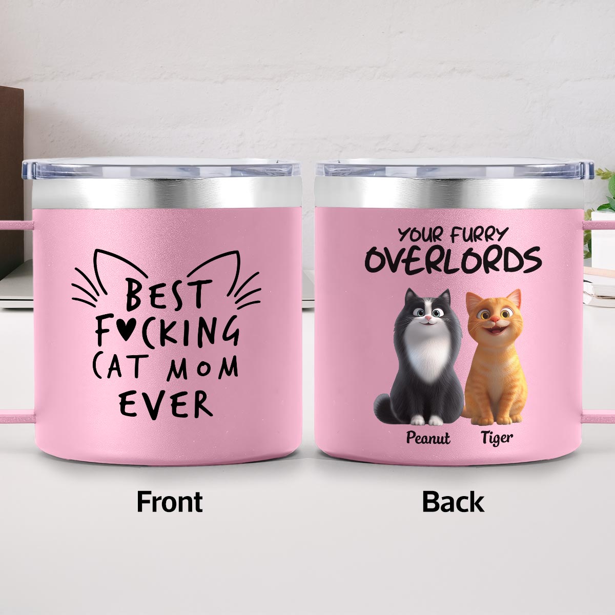 Best Fcking Cat Mom Ever Cartoon Cats - Personalized Stainless Steel Tumbler with Handle - Mother's Day Gift For Cat Lovers — Light Pink