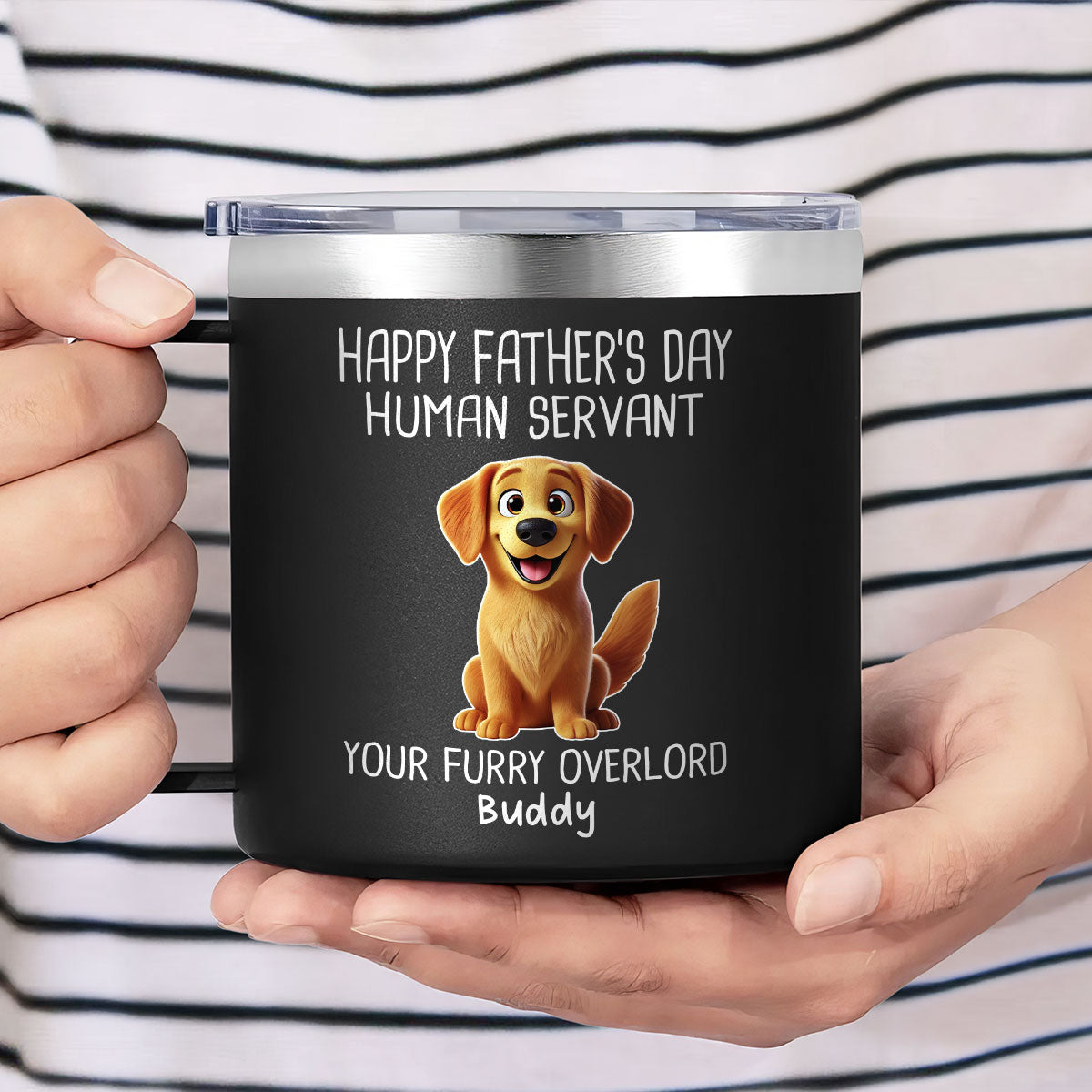 Happy Father's Day Human Servant Cartoon Funny Dogs Personalized Stainless Steel Tumbler With Handle — White