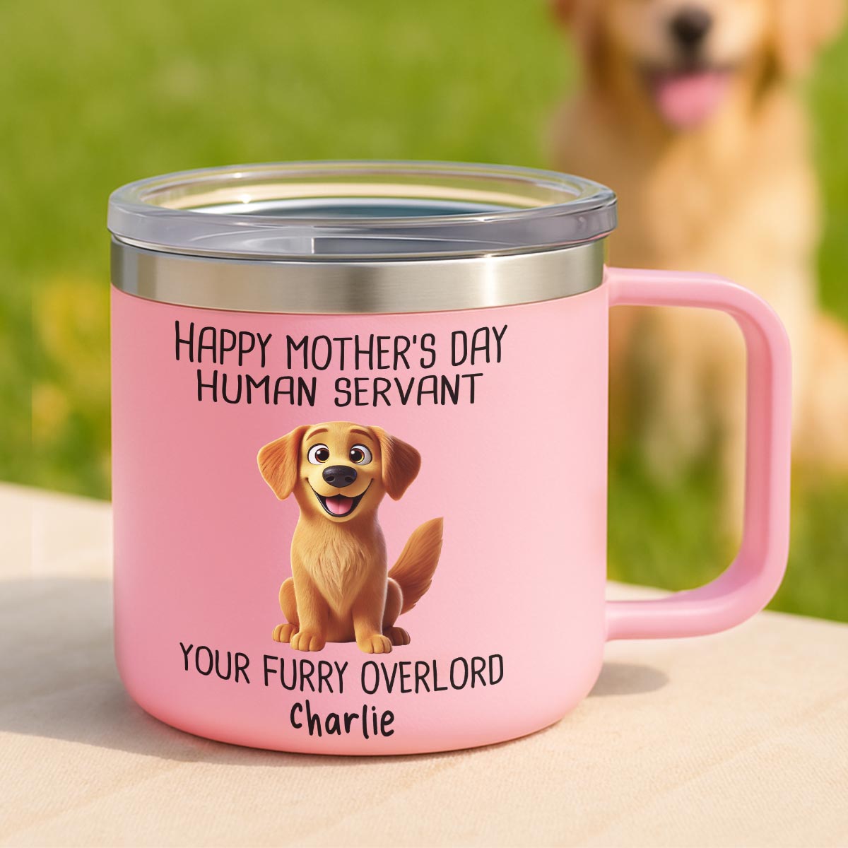 Happy Mother's Day Human Servant 3D Effect Cartoon Dogs Personalized Stainless Steel Tumbler With Handle — Light Pink