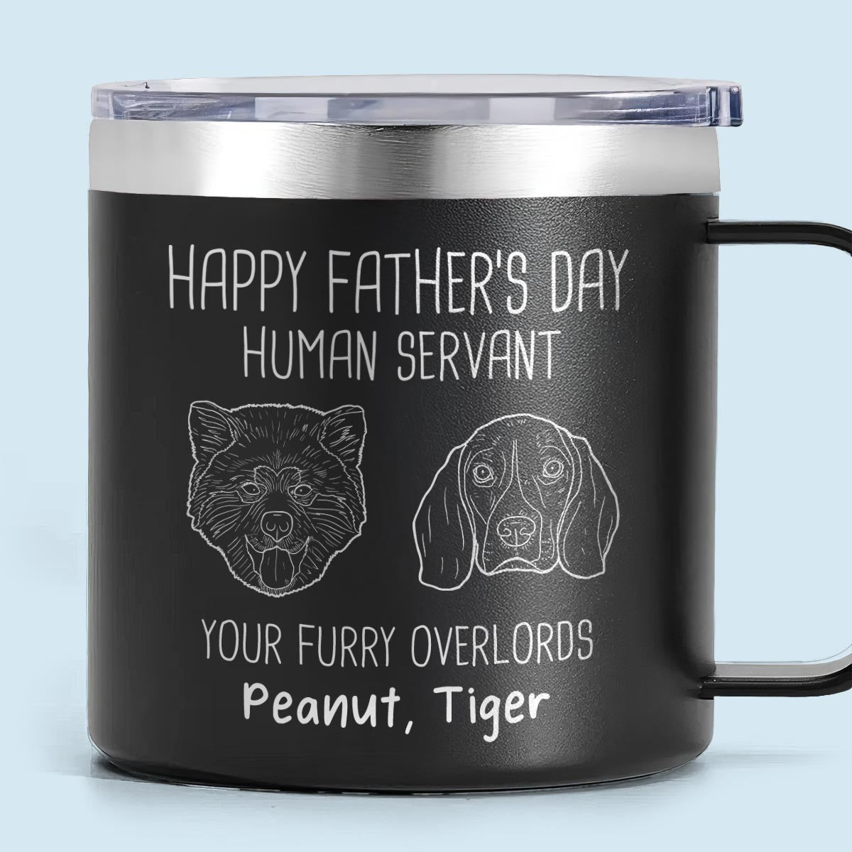Happy Father's Mother's Day Human Servant Dog Head Outline Personalized Stainless Steel Tumbler With Handle — Black