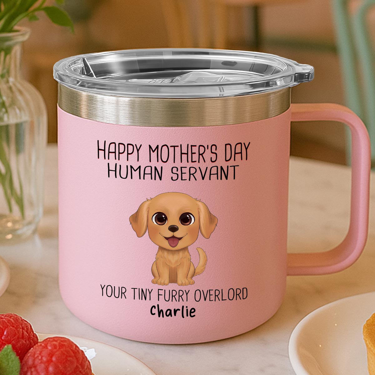 Happy Mother's Day Human Servant - Personalized Tumbler With Handle - Funny Gift For Dog Lovers — Light Pink