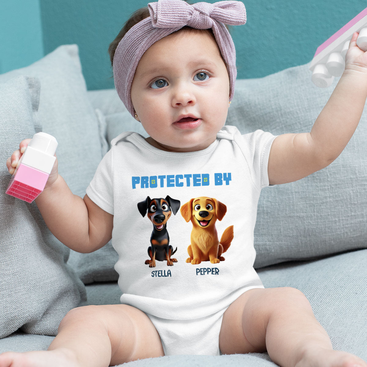 Protected By Dogs Personalized Baby Onesie Baby Shirt — White