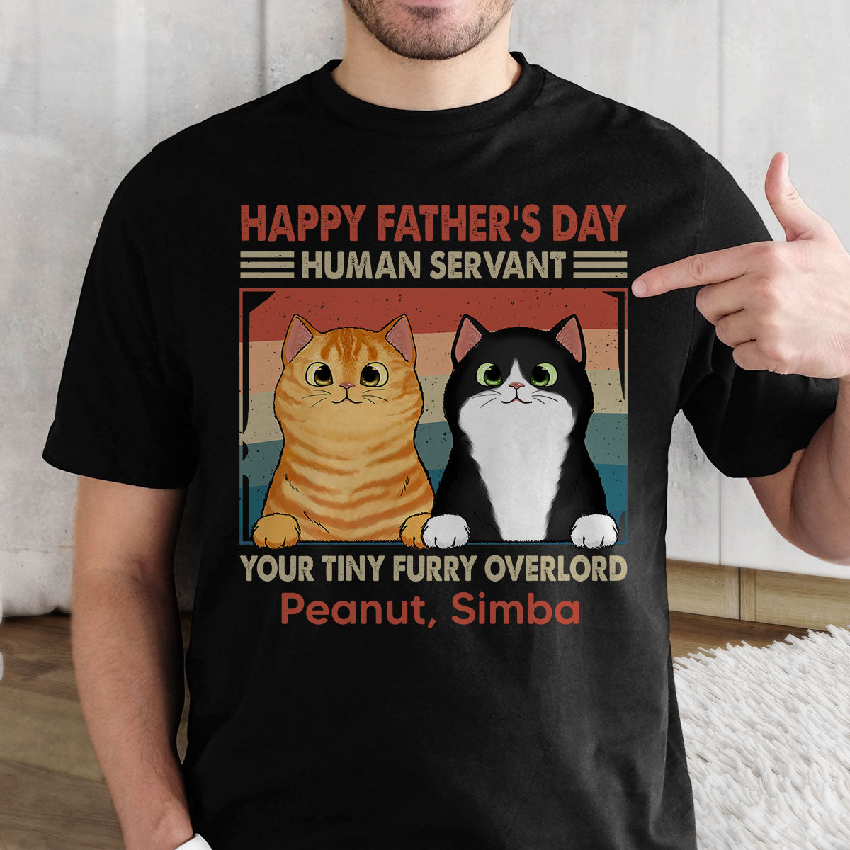 Happy Father's Day Human Servant Fluffy Cats Retro Personalized Shirt — Black