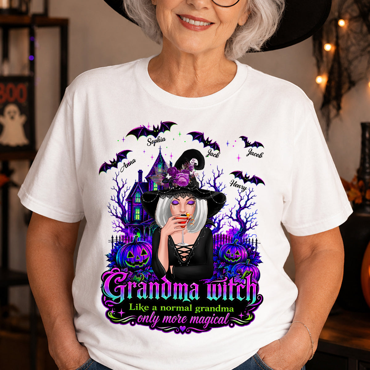 Grandma Witch More Magical - Personalized Shirt - Halloween Spooky Scene, Gift for Grandma — White