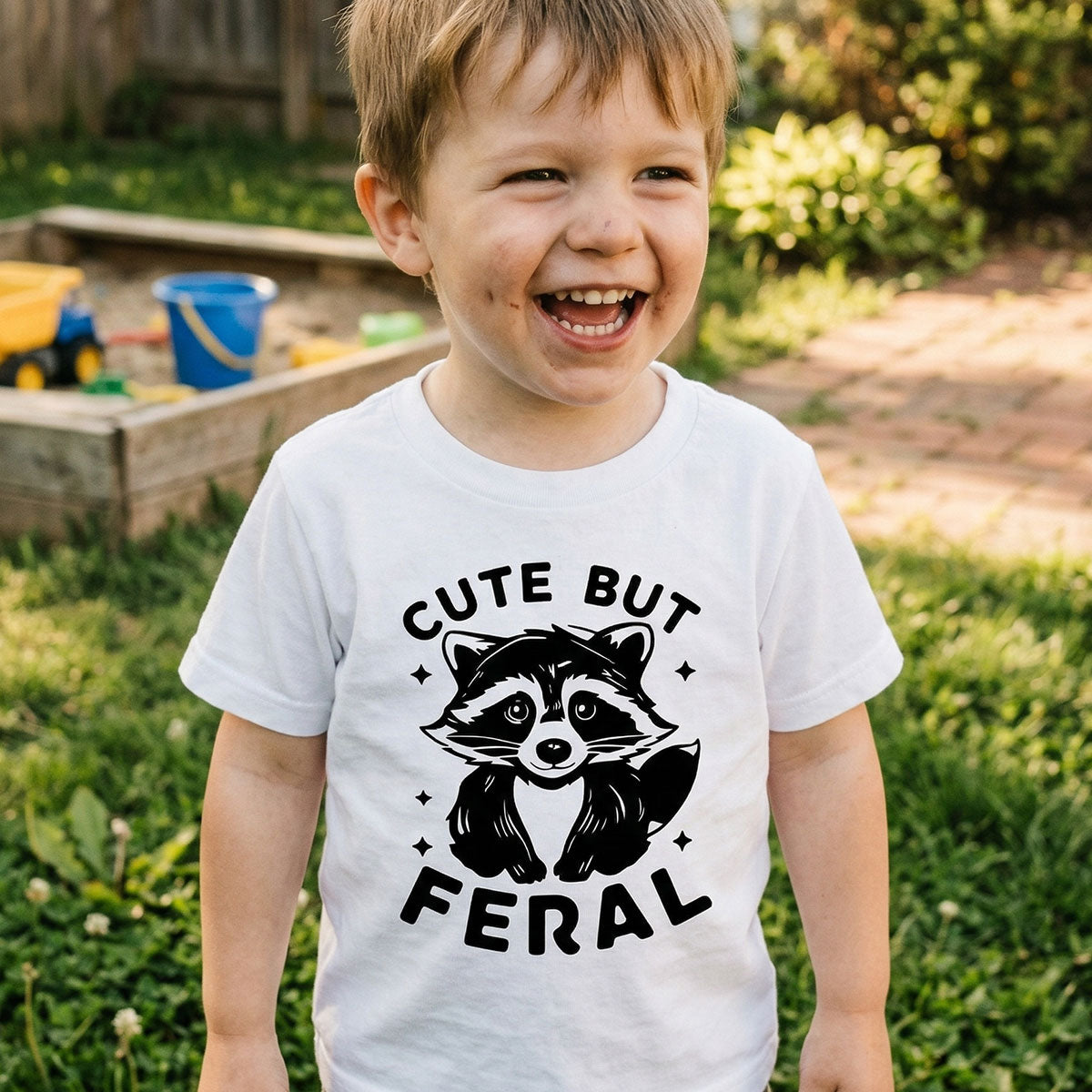 Cute But Feral Raccoon Funny Shirt For Kid — White