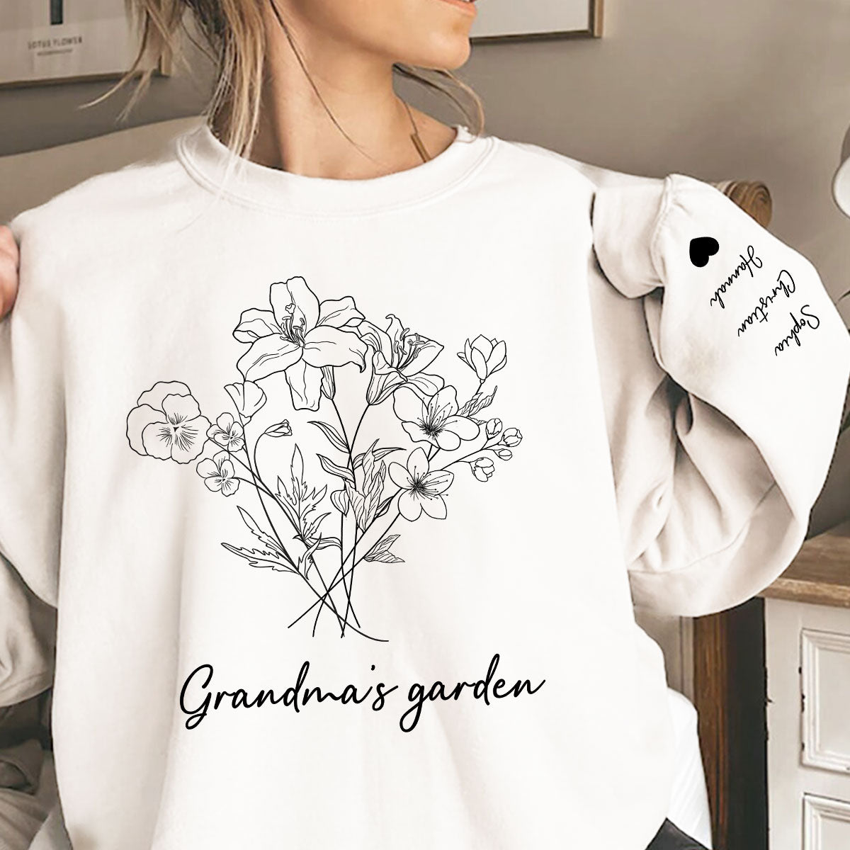 Custom Birth Month Flower Bouquet Grandma Garden Gift Personalized Sleeved Printed Sweatshirt — White