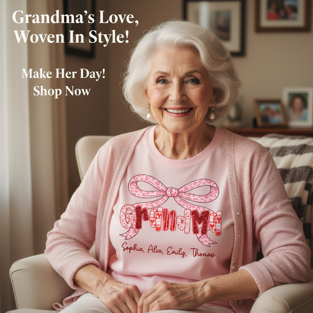 Preppy Valentine Pattern Grandma Mom Nana With Kids Name - Personalized Shirt - Valentine's Day Gift For Grandma — Light Pink
