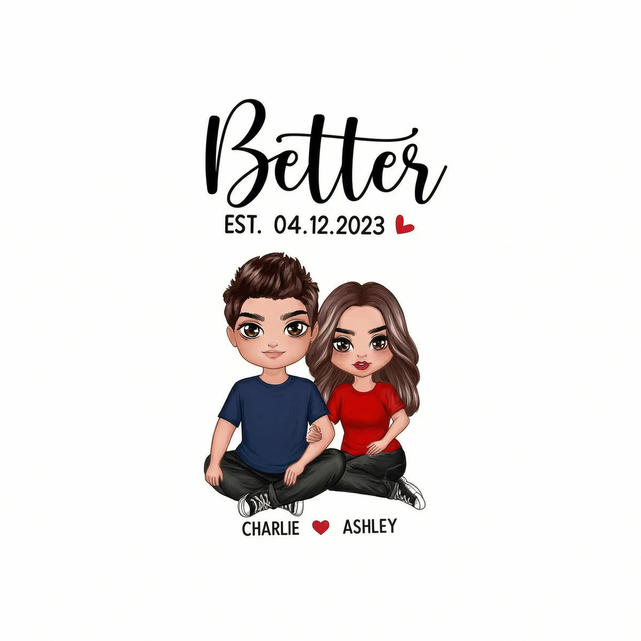 Better Together Doll Couple Embracing Sitting Valentine�s Day Gift For Couple Personalized Matching Shirts [Set Of 2 Shirts]