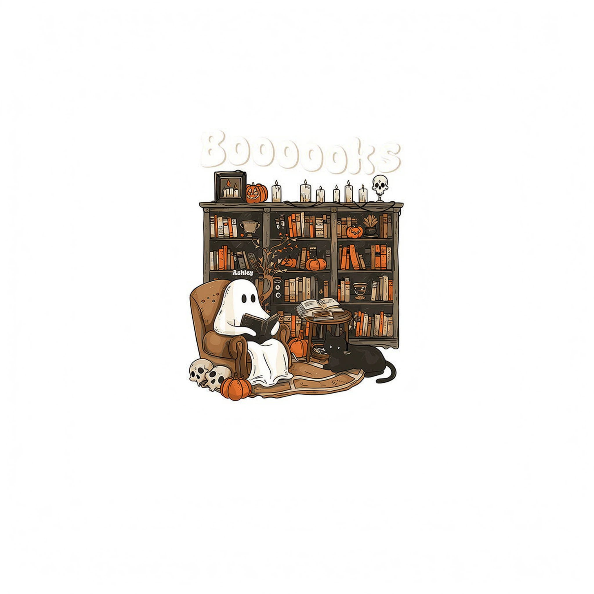 Booooks Retro Ghost Reading Books Personalized Halloween Shirt for Book Lover, Librarian, Teacher