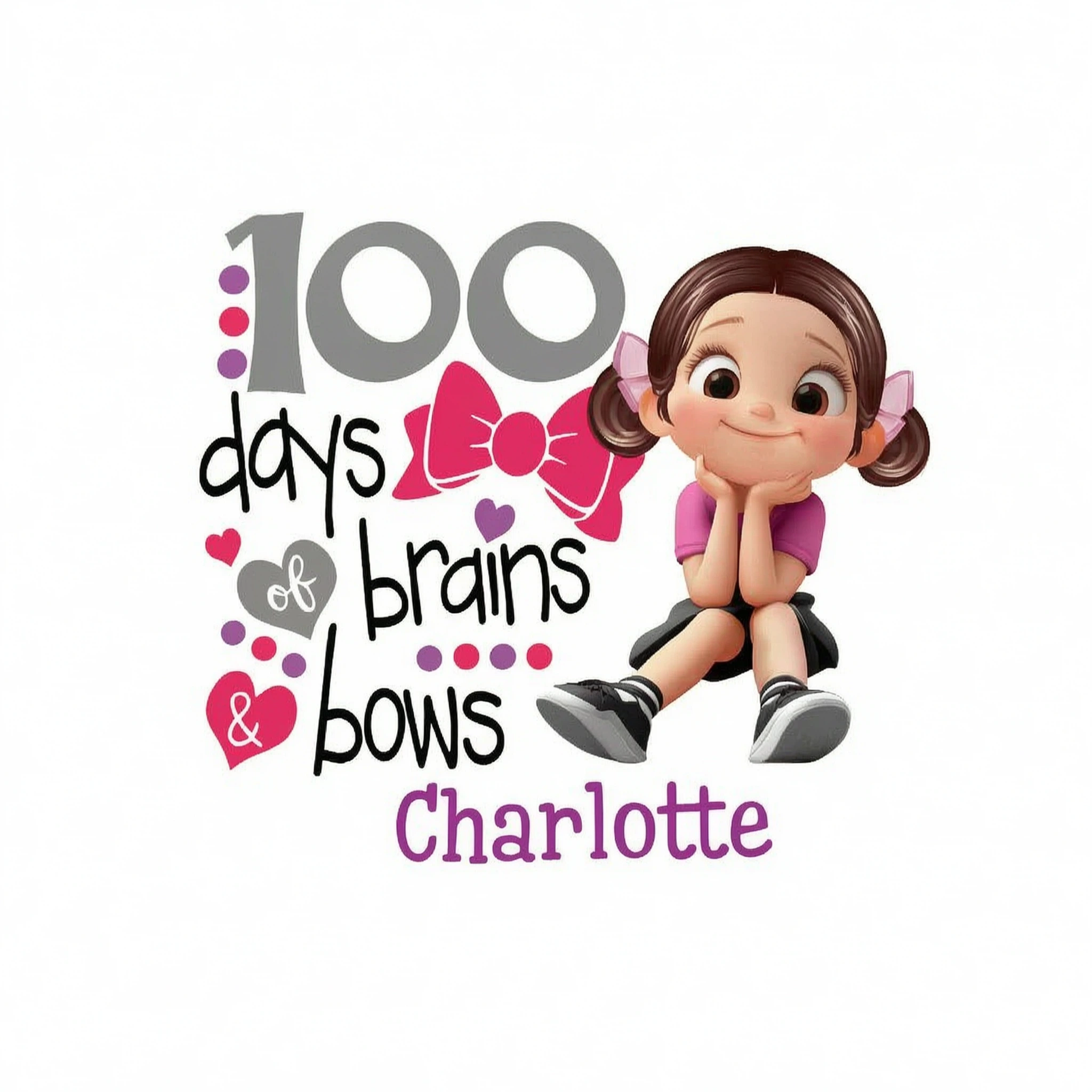 100 Days Brains & Bows Cute Little Girl - Personalized Kid T-Shirt - 100 Days Of School For Daughter, Granddaughter