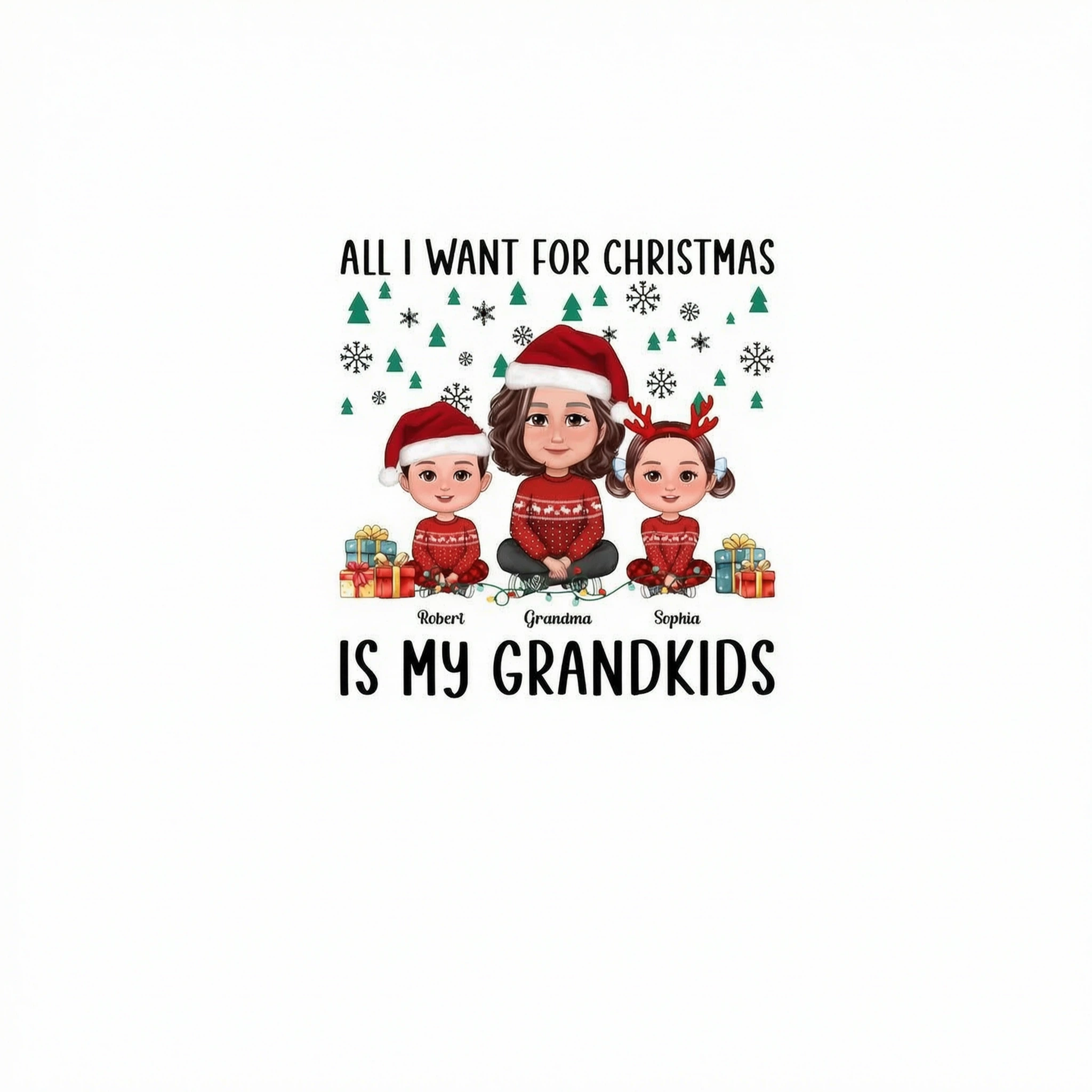 All I Want For Christmas Is My Grandkids Green Snow Flake Pine Tree Personalized Shirt