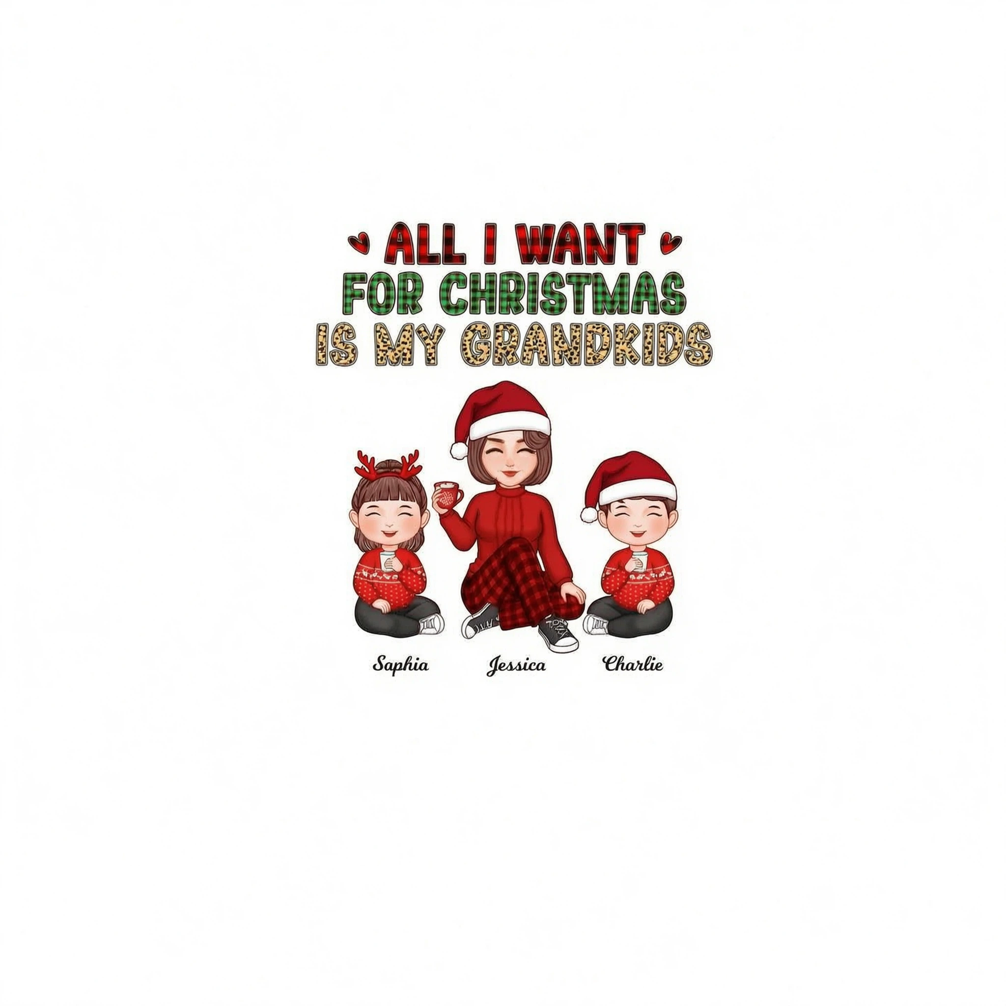 Checkered Leopard Pattern All I Want For Christmas Is My Grandkids Cute Grandma & Kids Personalized Shirt