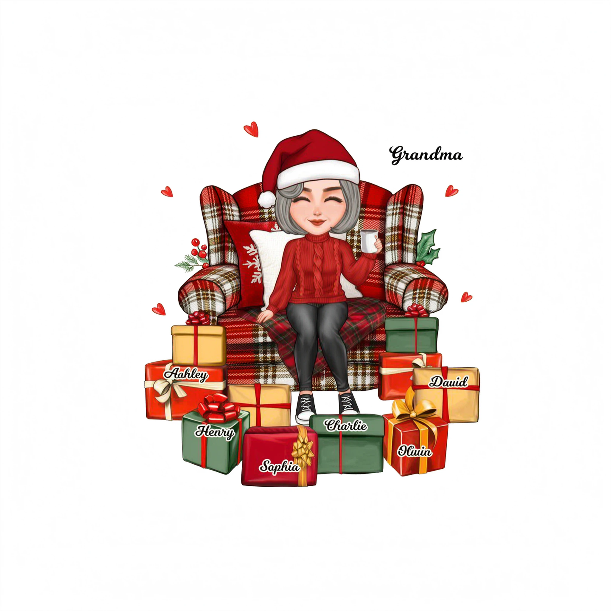 Christmas Cute Grandma Sitting On Chair Favorite Gifts Kids Names Personalized Shirt