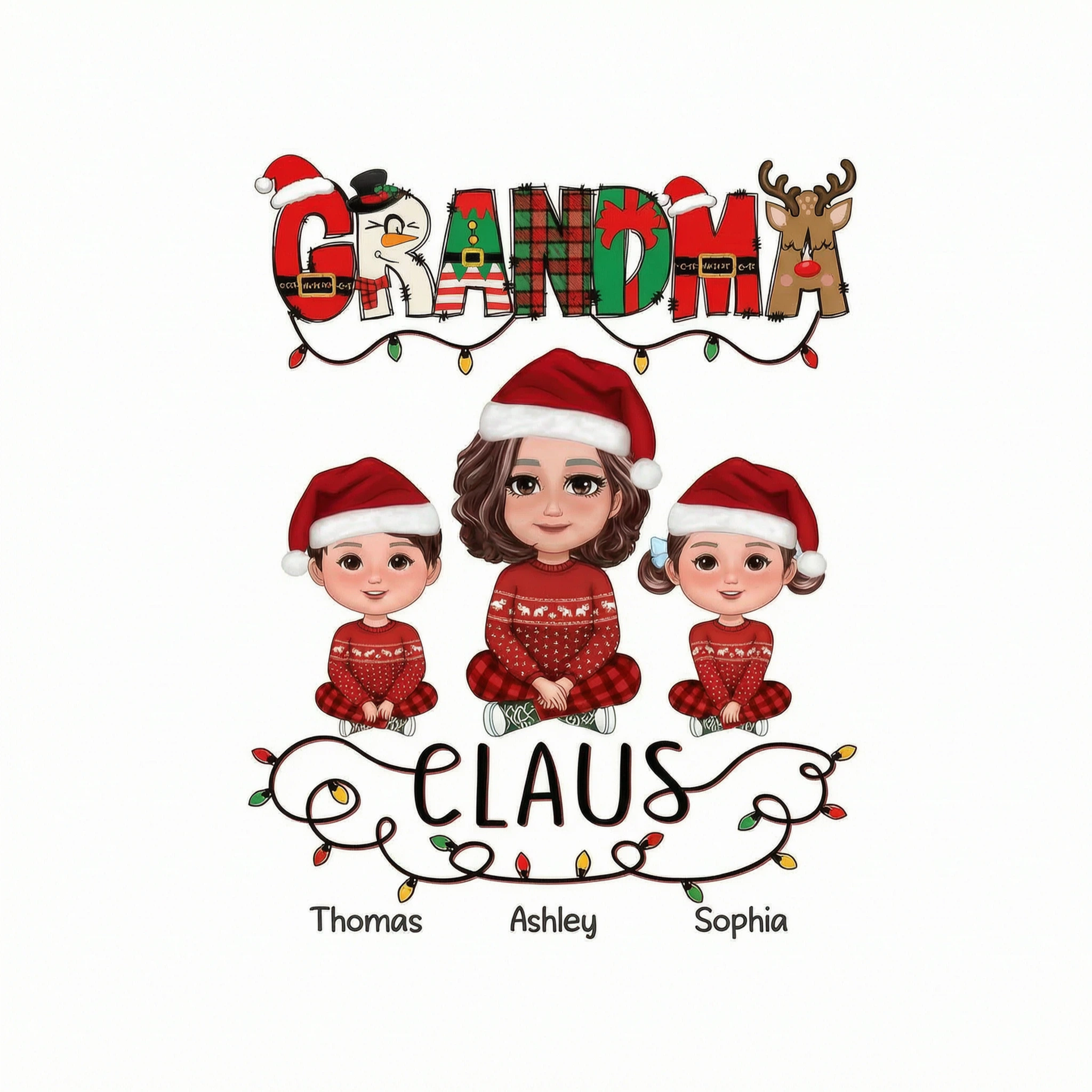 Grandma Claus Christmas Light Pattern Grandma Grankids Personalized Shirt