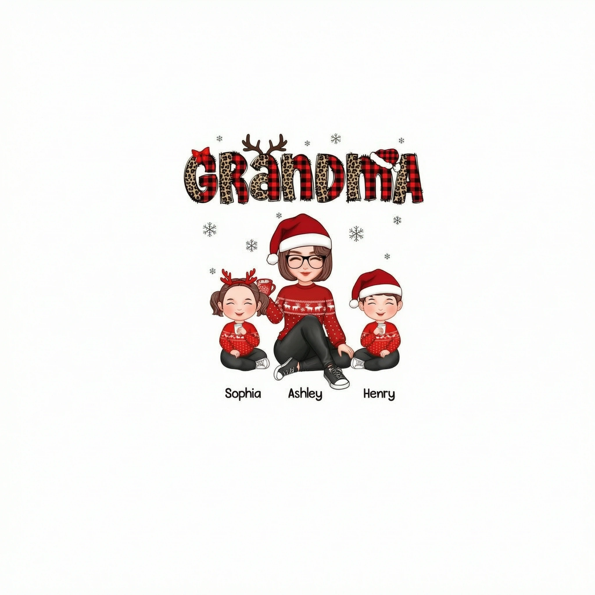 Leopard & Checkered Plaid Christmas Pattern Grandma & Grandkids Personalized Shirt