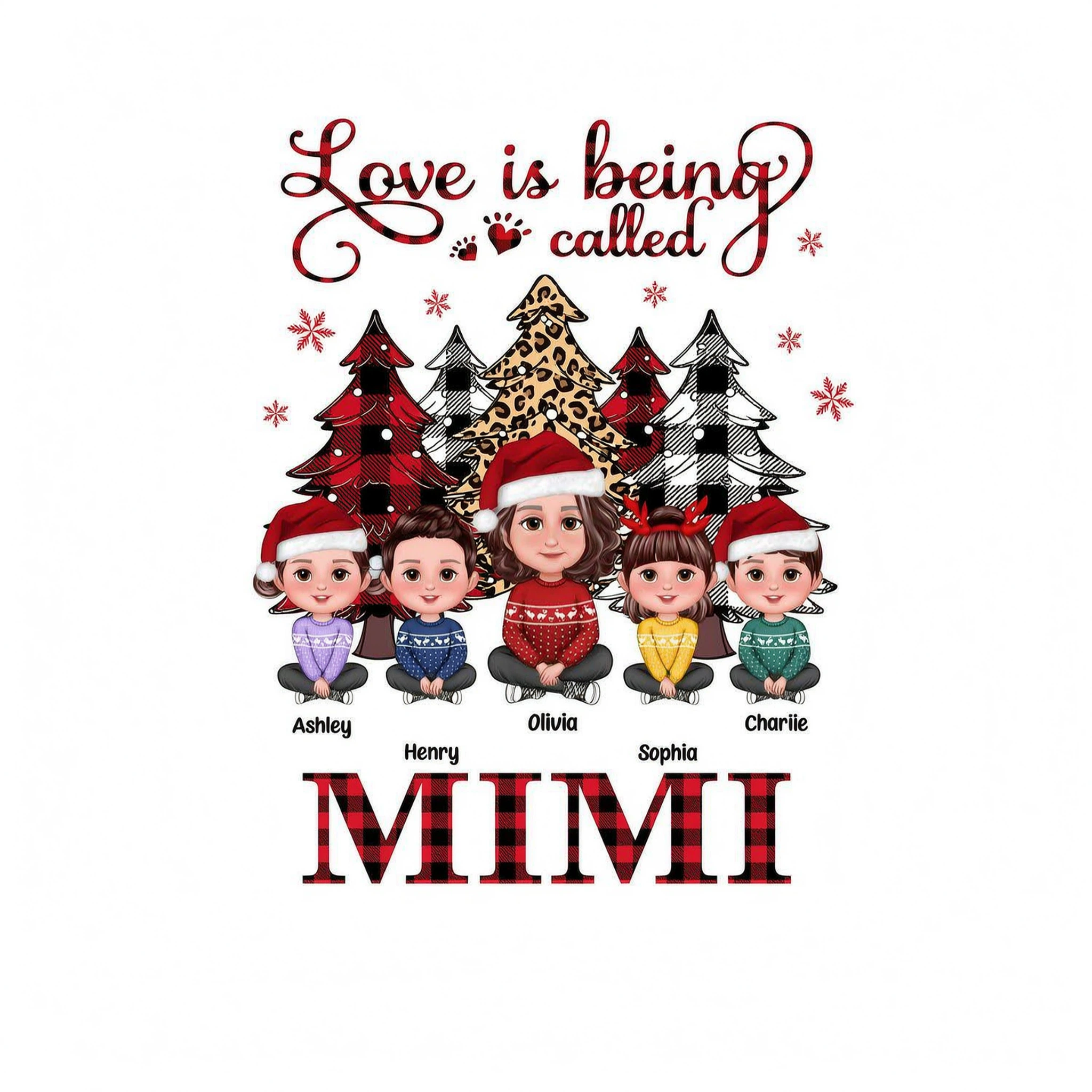 Leopard Checkered Pattern Christmas Tree Doll Grandma Grandkids Sitting Crossed Legs Personalized Shirt