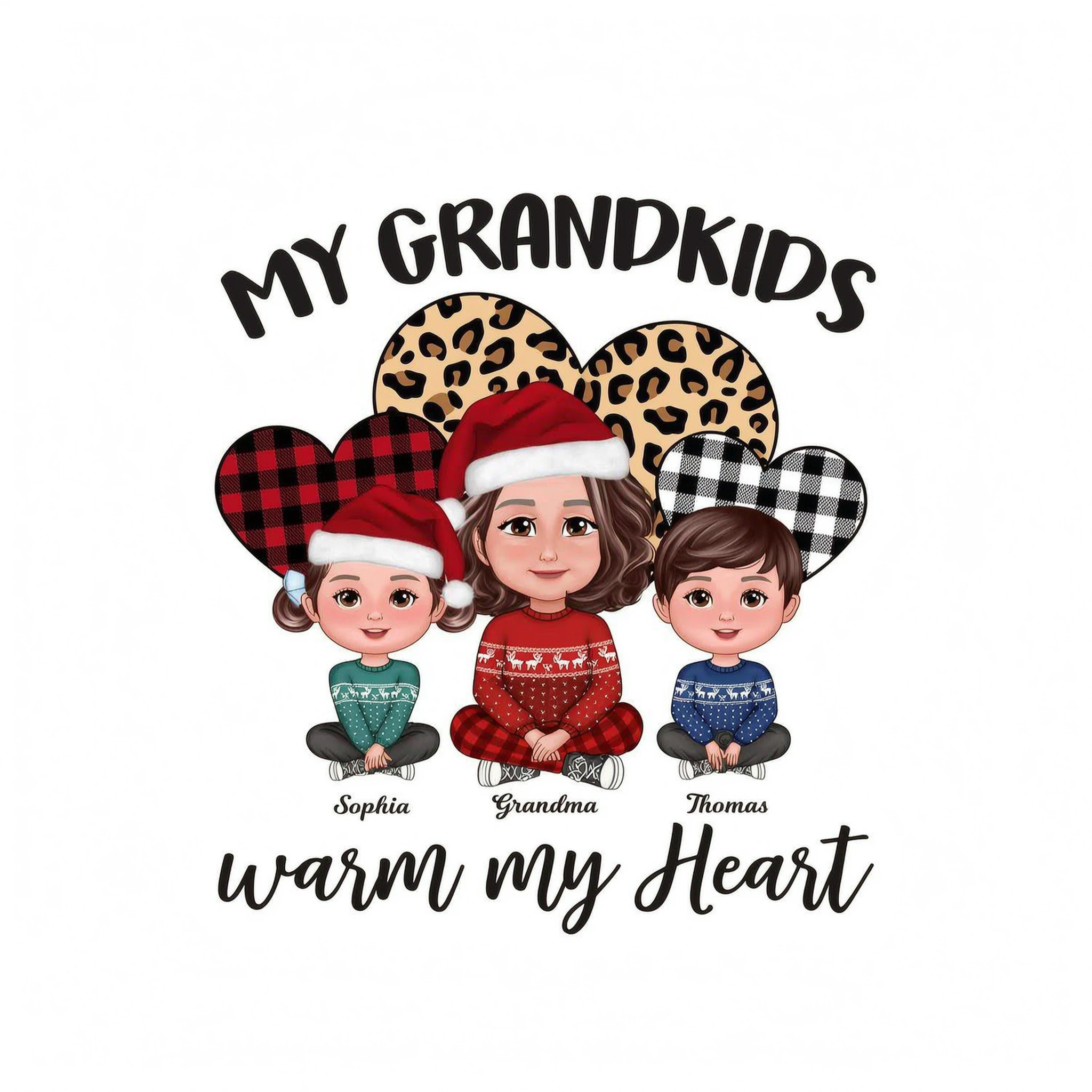 Leopard Checkered Pattern Grandkids Warm My Heart Doll Grandma And Kids Sitting Crossed Legs Christmas Personalized Shirt