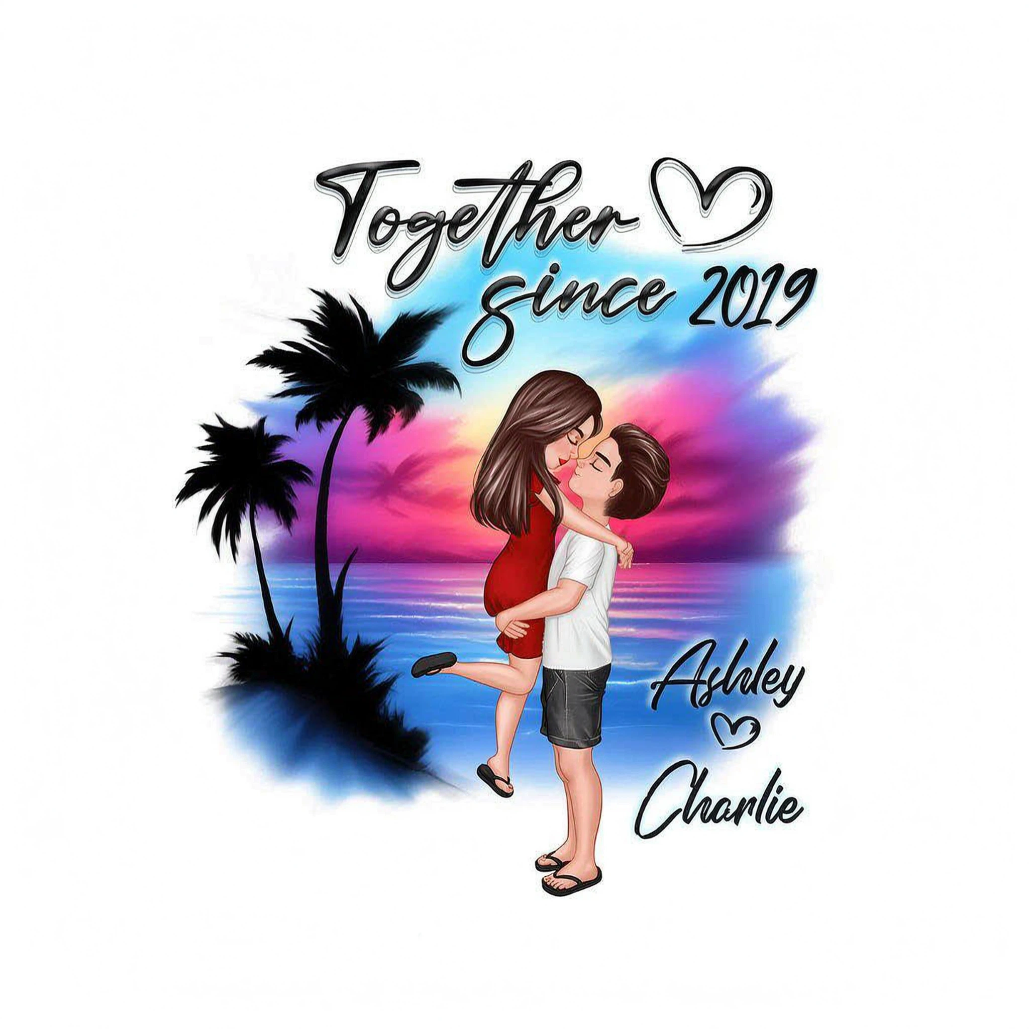 Couple Hugging Kissing Airbrushed Beach Scene Personalized Shirt