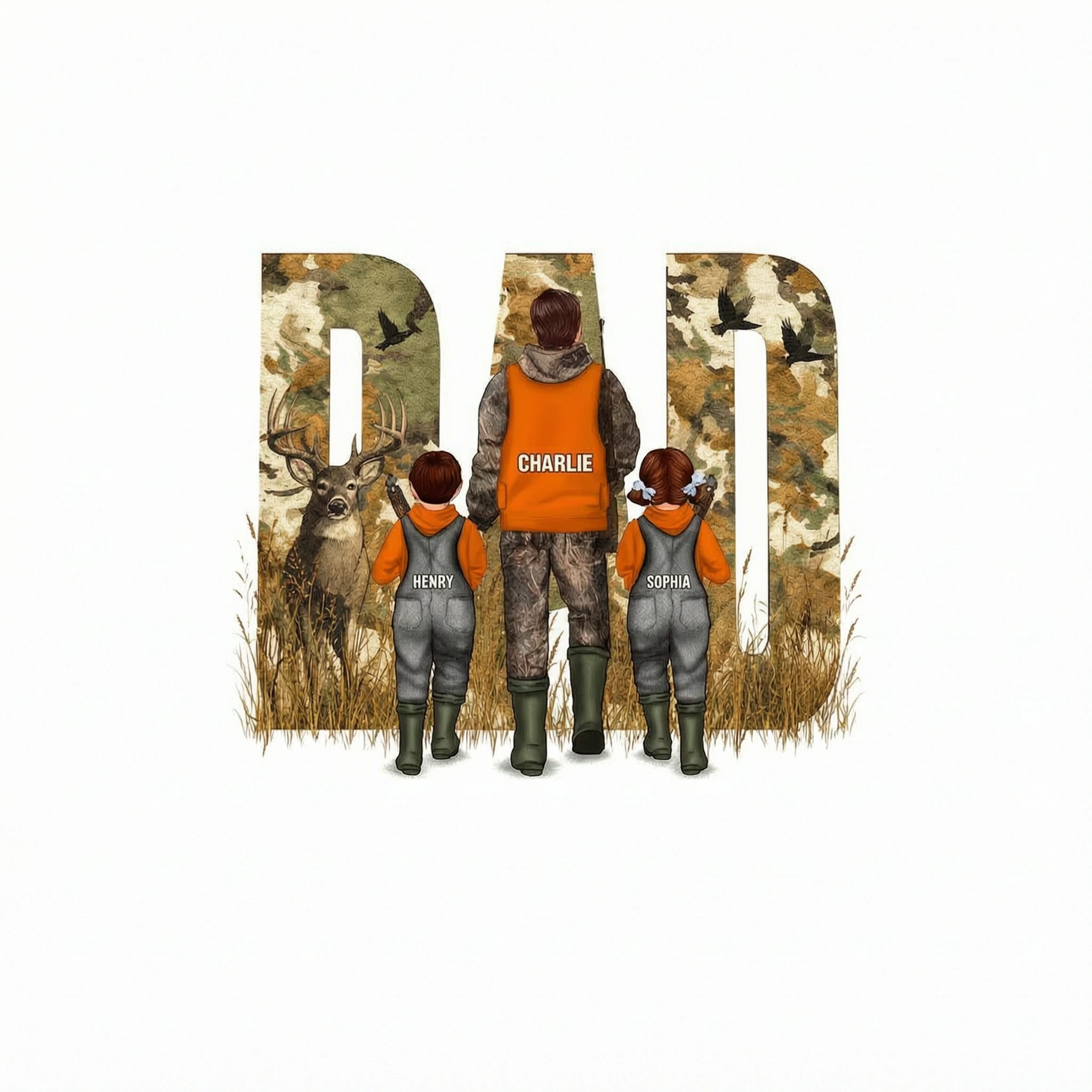 Hunting Dad & Children - Personalized Shirt - Outdoor Father's Day Gift for Dad, Husband
