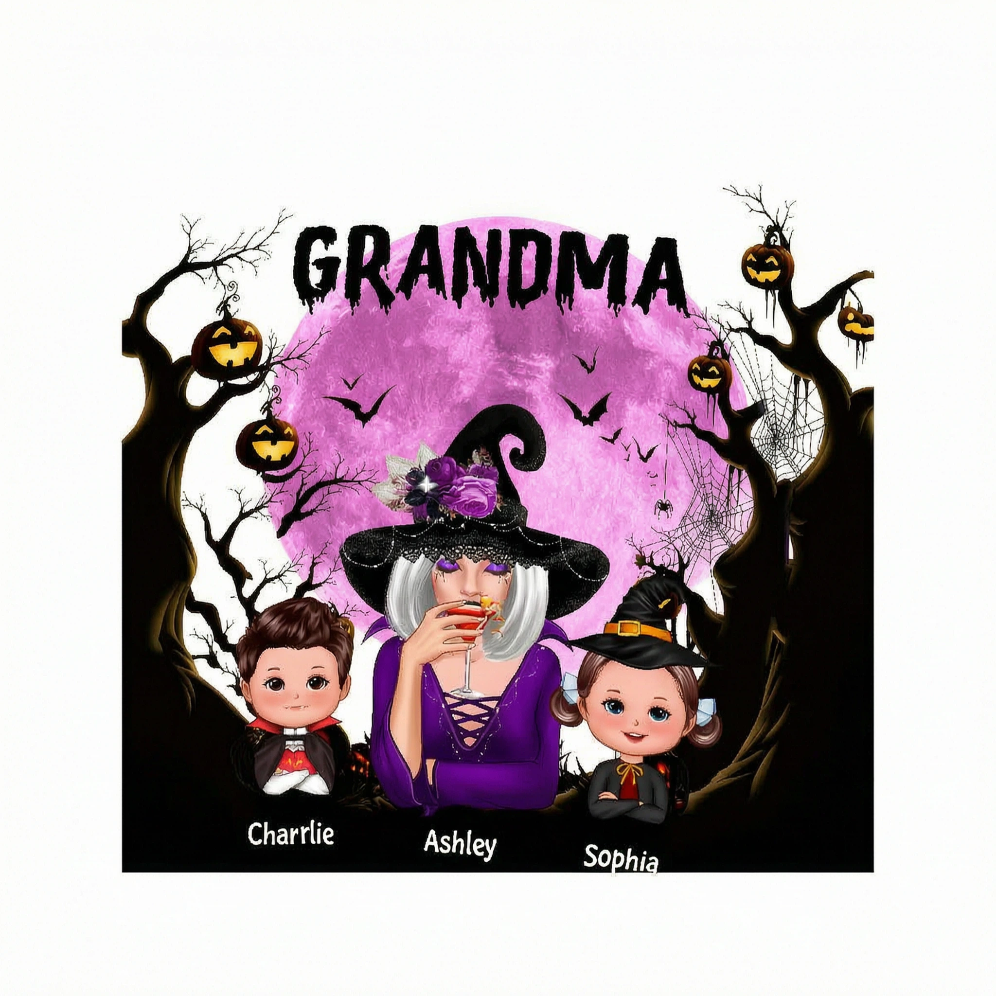 Grandma Witch & Kids Moon Bat Tree Personalized Shirt, Halloween Costume for Grandma