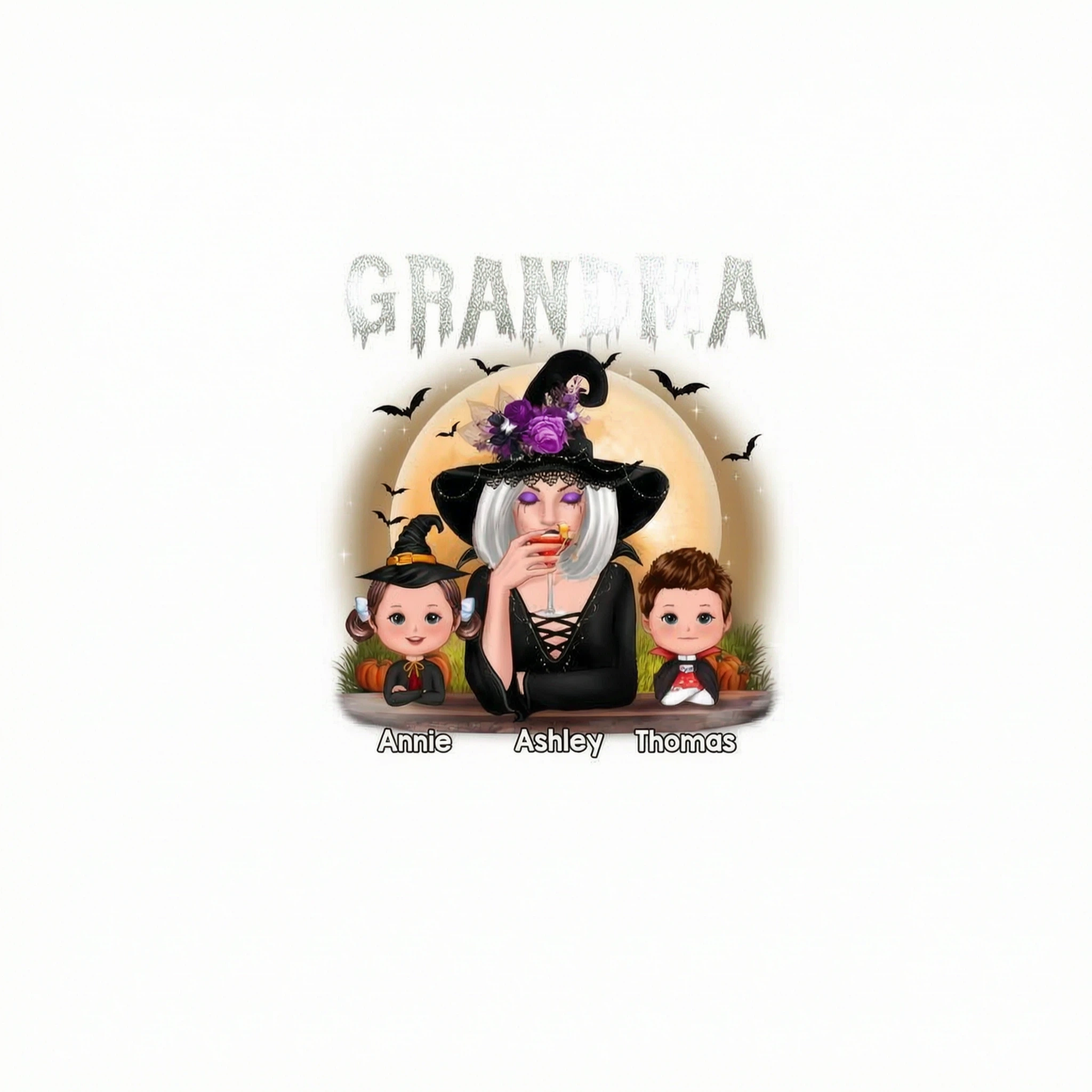 Grandma Mom Witch With GrandKids Halloween Personalized Shirt (Dark Color Shirt)