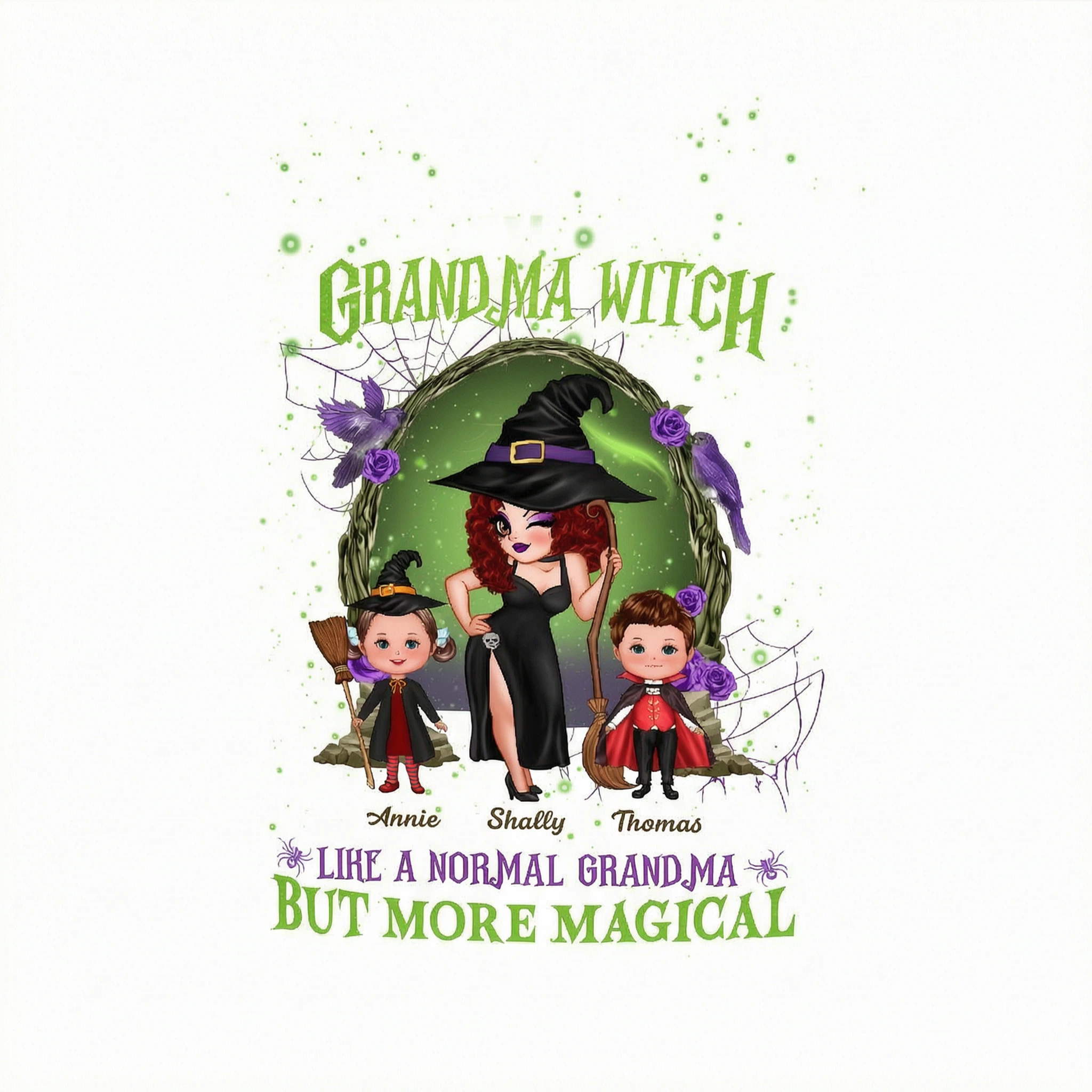 Purple And Green Pretty Grandma Witch & Kids Personalized Shirt, Halloween Costume for Grandma