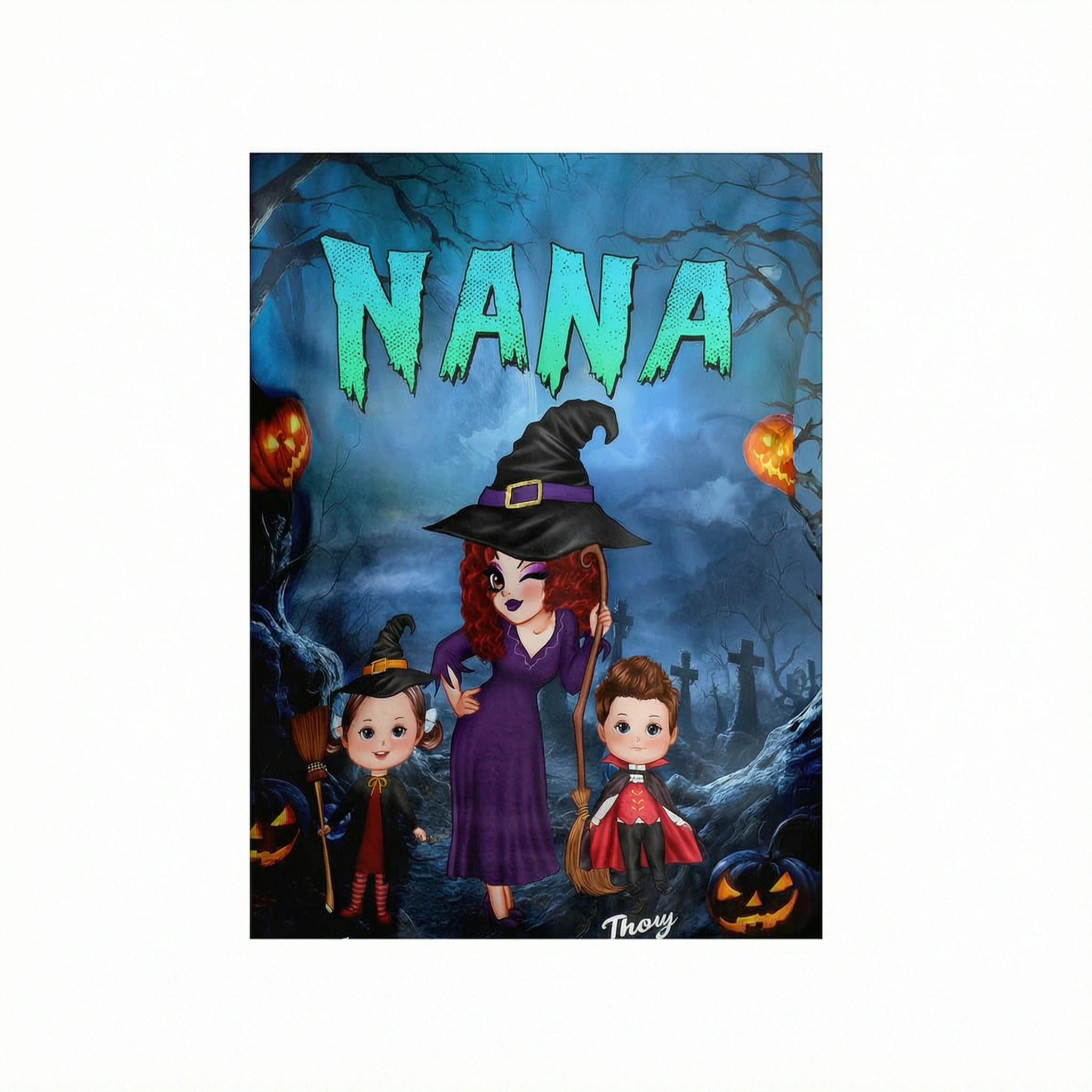 Pretty Grandma Witch & Kids In Halloween Night Personalized Shirt, Halloween Costume for Grandma