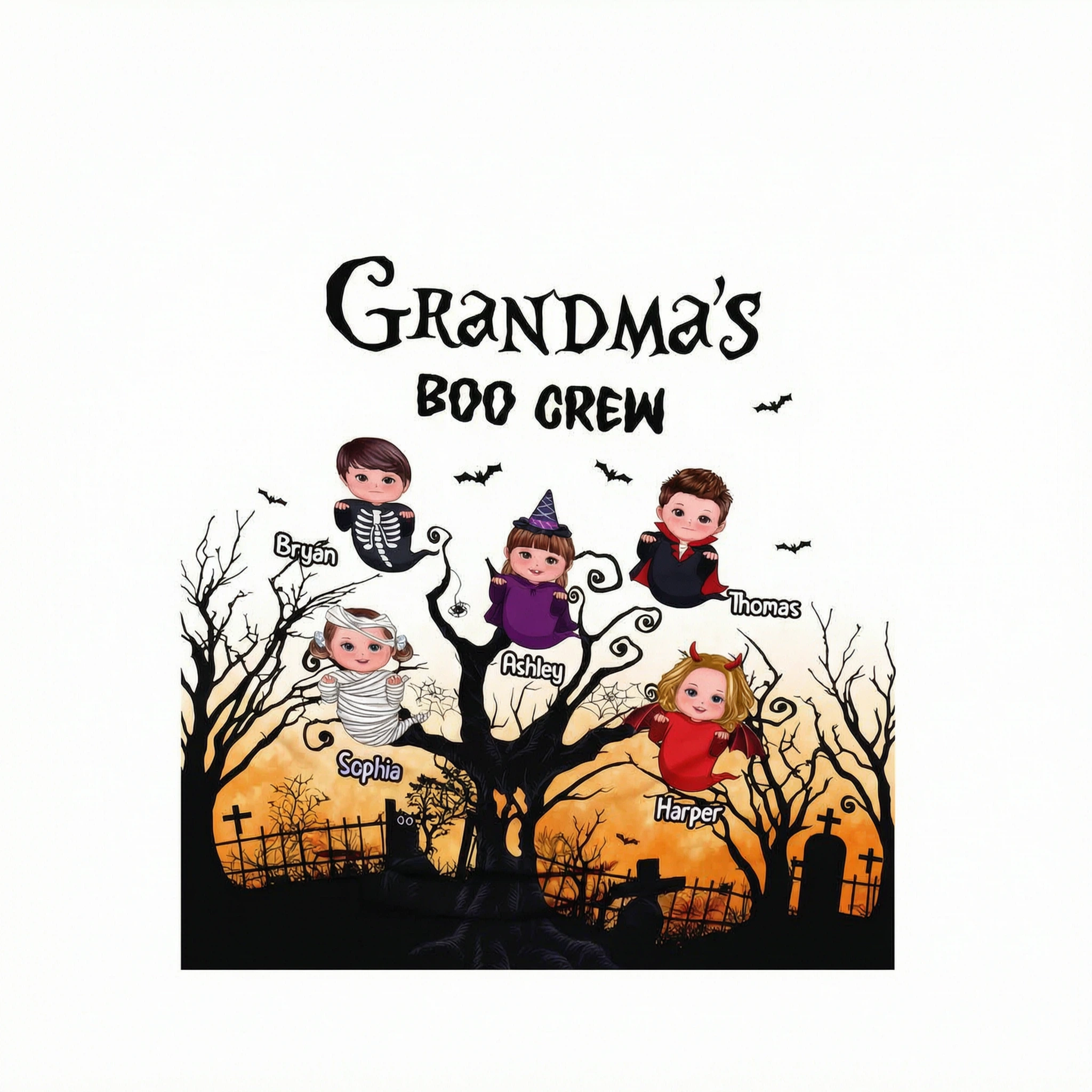 Grandma's Boo Crew Moon Bat Tree Theme Personalized Shirt, Perfect Halloween Costume for Grandma